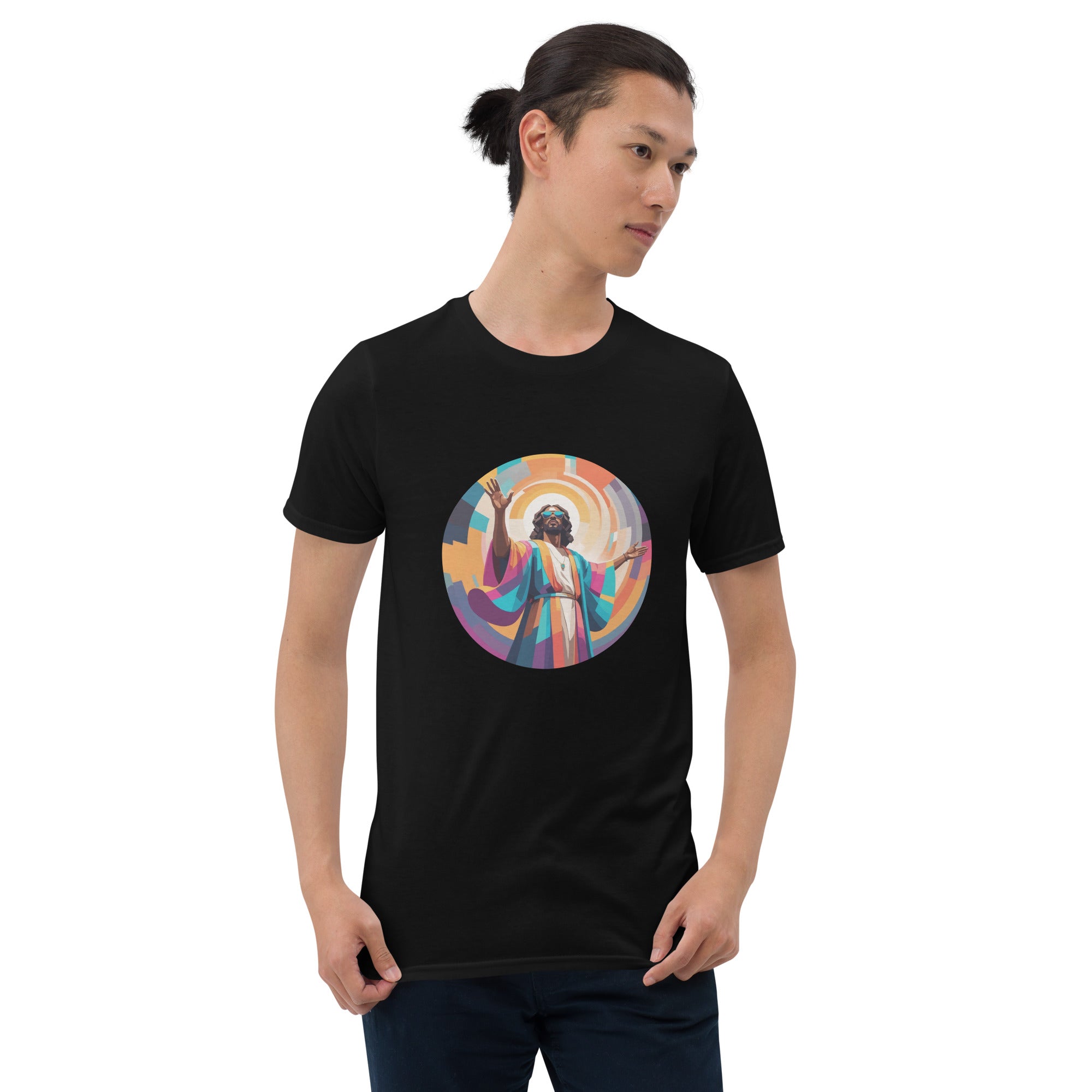 A bold "Drum & Bass is My Religion" unisex t-shirt featuring a funky Jesus design in vibrant, geometric art. Made from 100% ring-spun cotton, this stylish shirt is perfect for music lovers, festival gear, and unique graphic tees that stand out.