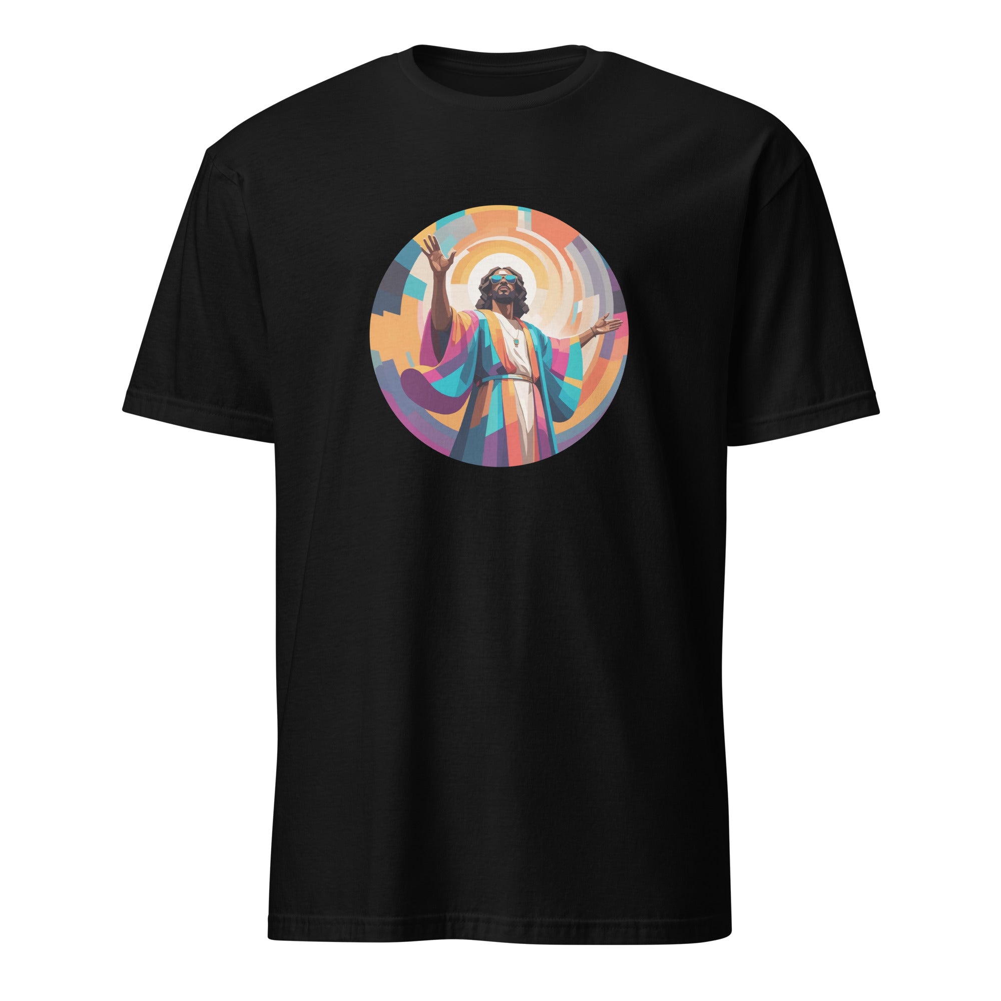 A bold "Drum & Bass is My Religion" unisex t-shirt featuring a funky Jesus design in vibrant, geometric art. Made from 100% ring-spun cotton, this stylish shirt is perfect for music lovers, festival gear, and unique graphic tees that stand out.