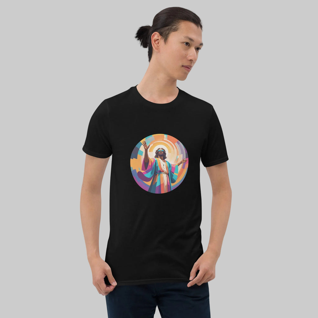 Model wearing a Unisex t-shirt with bold, geometric Funky Jaysus illustration on the front and “Drum & Bass is my religion” slogan on the back. A statement piece for DnB fans and streetwear lovers.