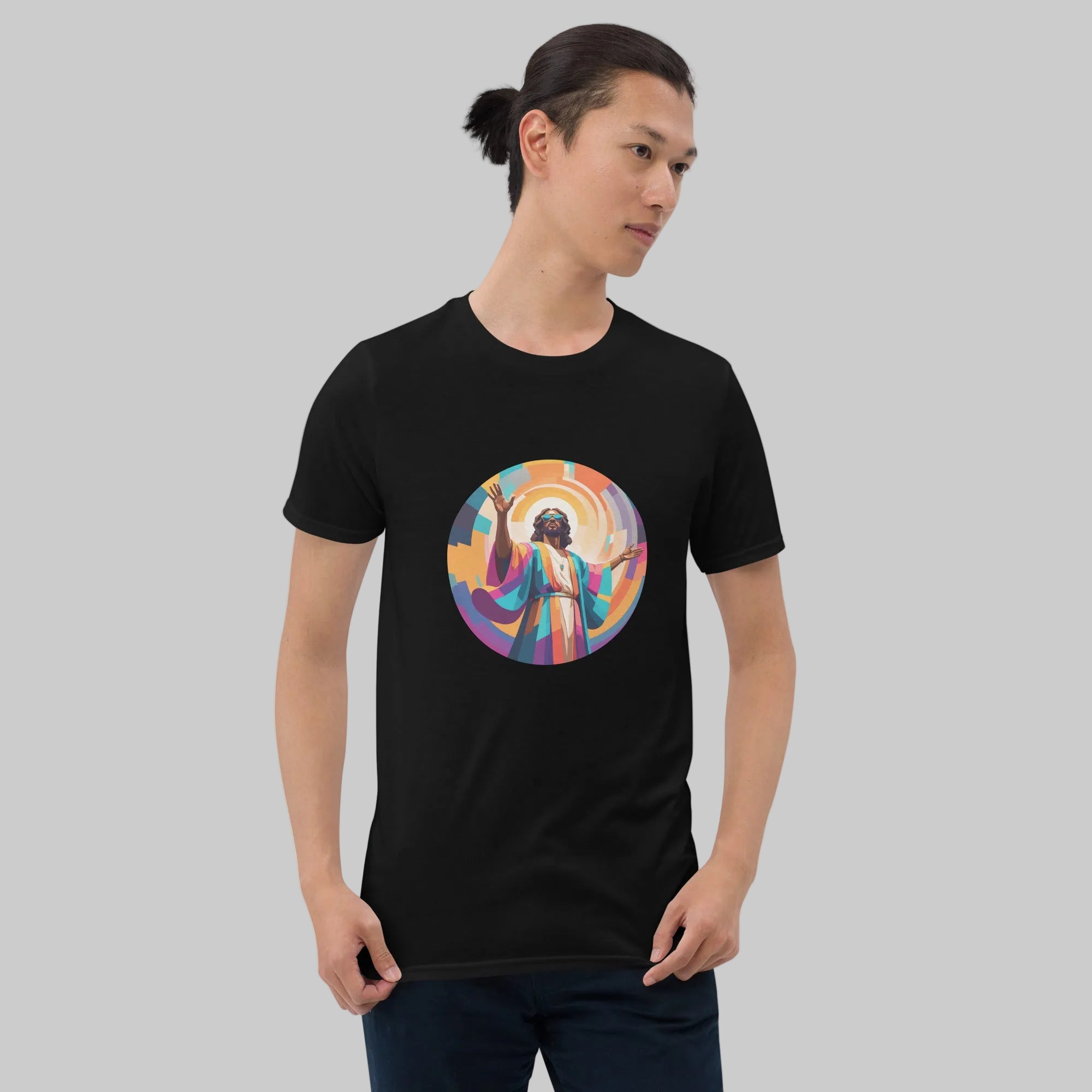 Model wearing a Unisex t-shirt with bold, geometric Funky Jaysus illustration on the front and “Drum & Bass is my religion” slogan on the back. A statement piece for DnB fans and streetwear lovers.