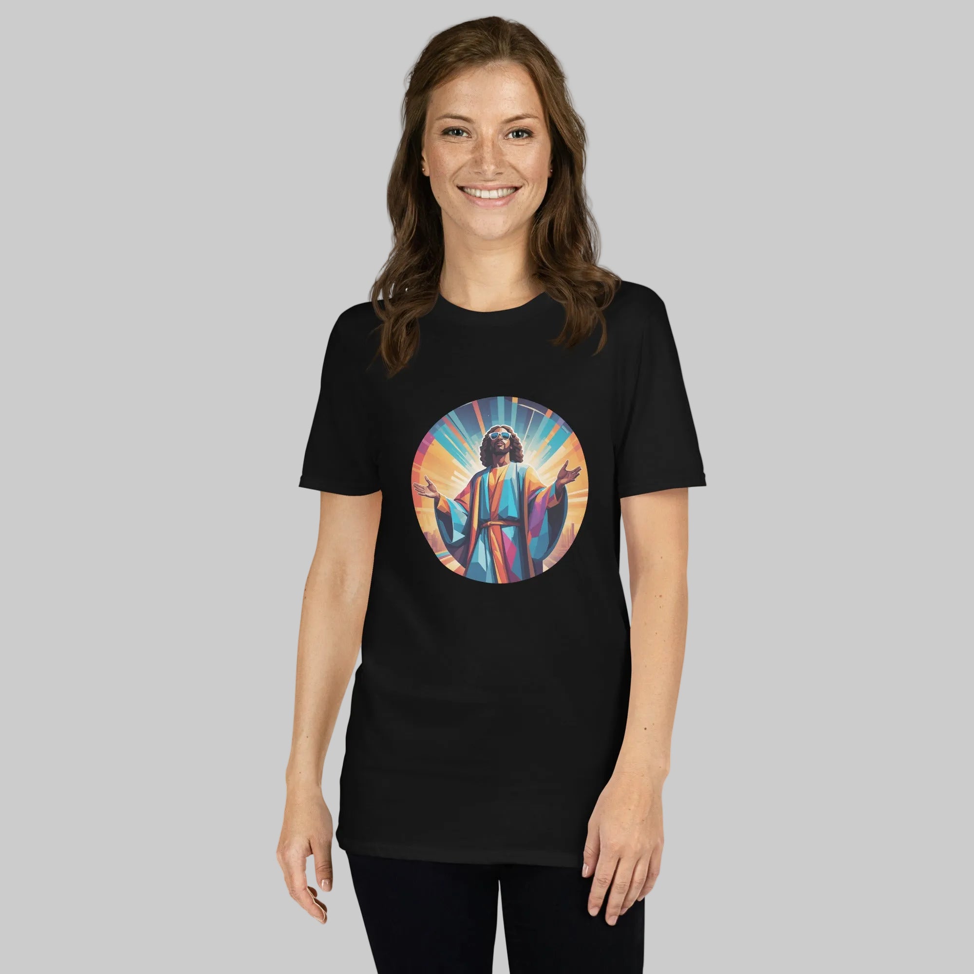 A bold "Music is My Religion" unisex t-shirt featuring a funky Jesus design in vibrant, geometric art. Made from 100% ring-spun cotton, this stylish shirt is perfect for music lovers, festival gear, and unique graphic tees that stand out.