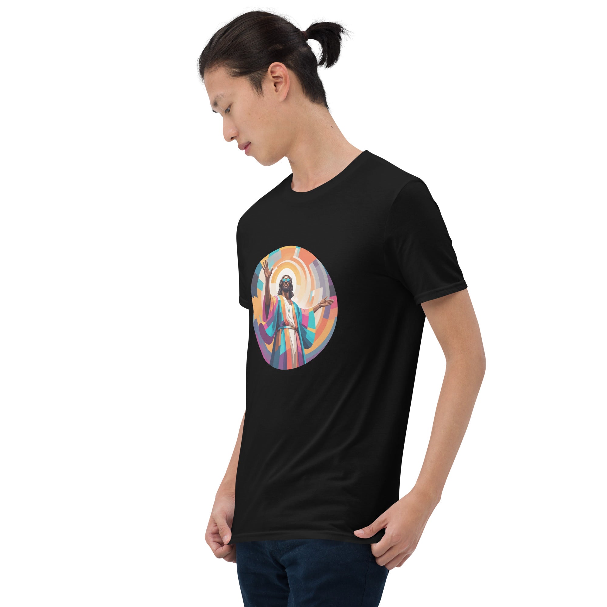 A bold "Drum & Bass is My Religion" unisex t-shirt featuring a funky Jesus design in vibrant, geometric art. Made from 100% ring-spun cotton, this stylish shirt is perfect for music lovers, festival gear, and unique graphic tees that stand out.