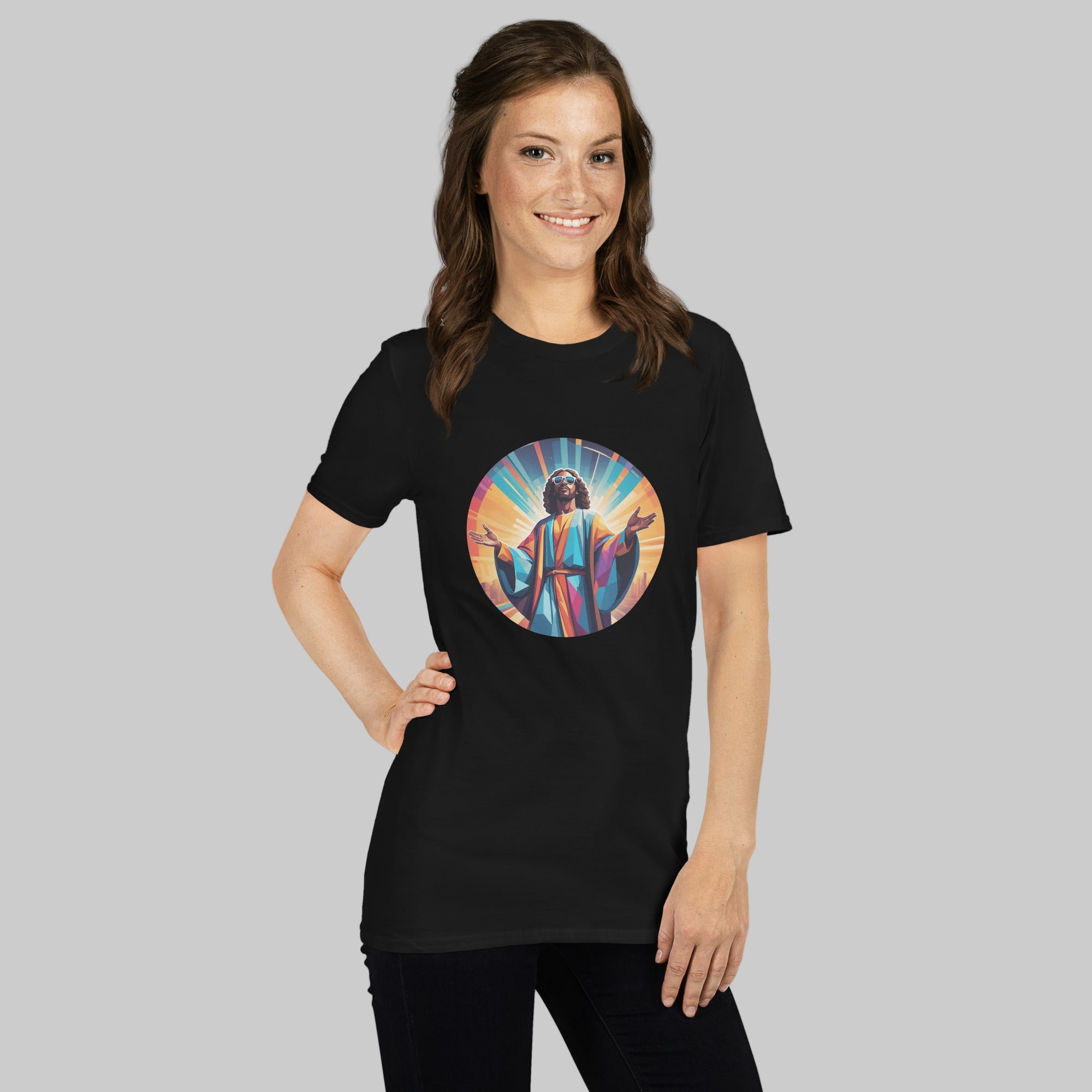 A bold "House is My Religion" unisex t-shirt featuring a funky Jesus design in vibrant, geometric art. Made from 100% ring-spun cotton, this stylish shirt is perfect for music lovers, festival gear, and unique graphic tees that stand out.