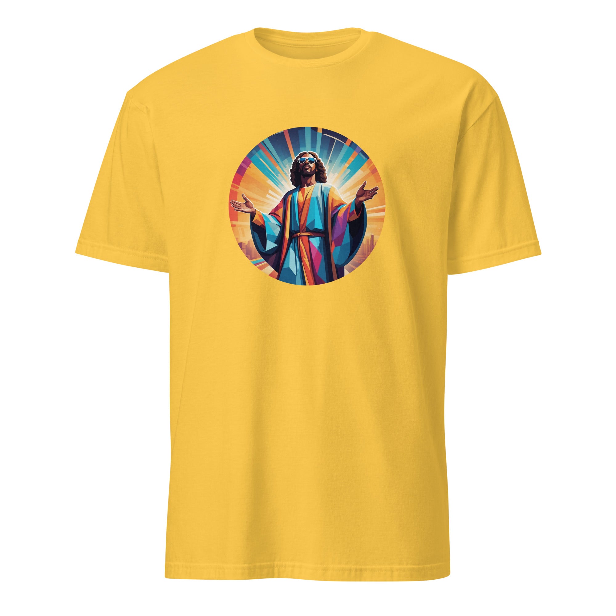 A bold "House is My Religion" unisex t-shirt featuring a funky Jesus design in vibrant, geometric art. Made from 100% ring-spun cotton, this stylish shirt is perfect for music lovers, festival gear, and unique graphic tees that stand out.