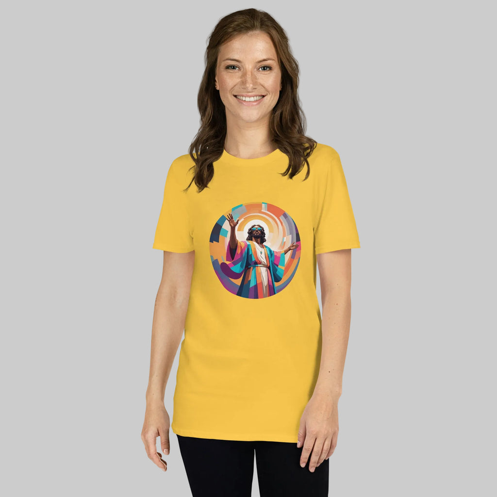 Unisex t-shirt with bold, geometric Funky Jaysus illustration on the front and “Drum & Bass is my religion” slogan on the back. A statement piece for DnB fans and streetwear lovers.