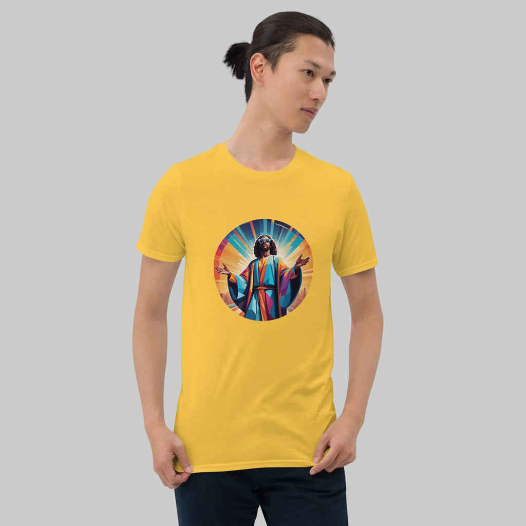 A bold "Music is My Religion" unisex t-shirt featuring a funky Jesus design in vibrant, geometric art. Made from 100% ring-spun cotton, this stylish shirt is perfect for music lovers, festival gear, and unique graphic tees that stand out.