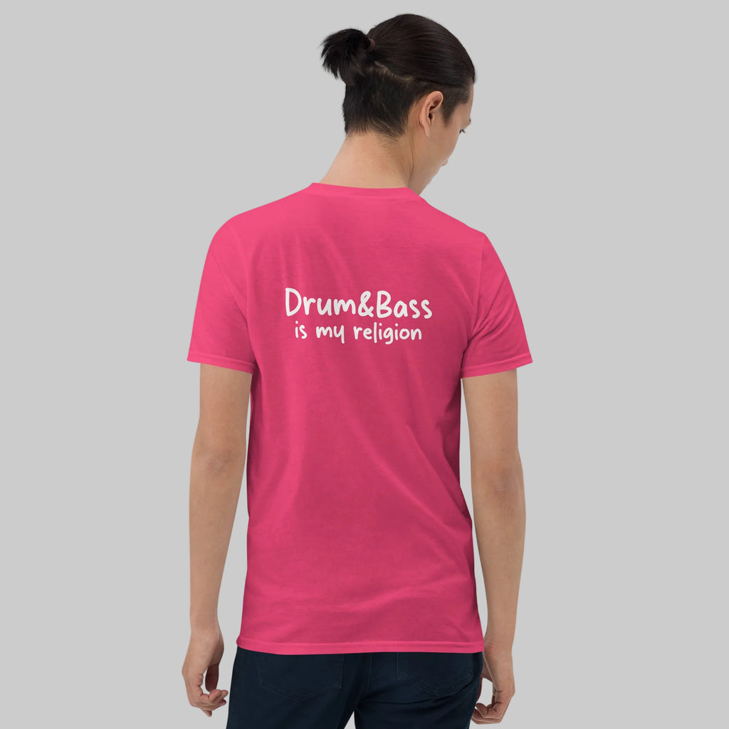 Unisex t-shirt with bold, geometric Funky Jaysus illustration on the front and “Drum & Bass is my religion” slogan on the back. A statement piece for DnB fans and streetwear lovers.