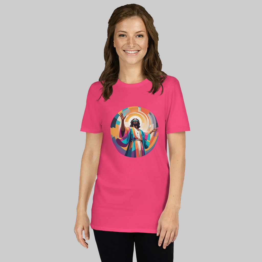 Unisex t-shirt with bold, geometric Funky Jaysus illustration on the front and “Drum & Bass is my religion” slogan on the back. A statement piece for DnB fans and streetwear lovers.