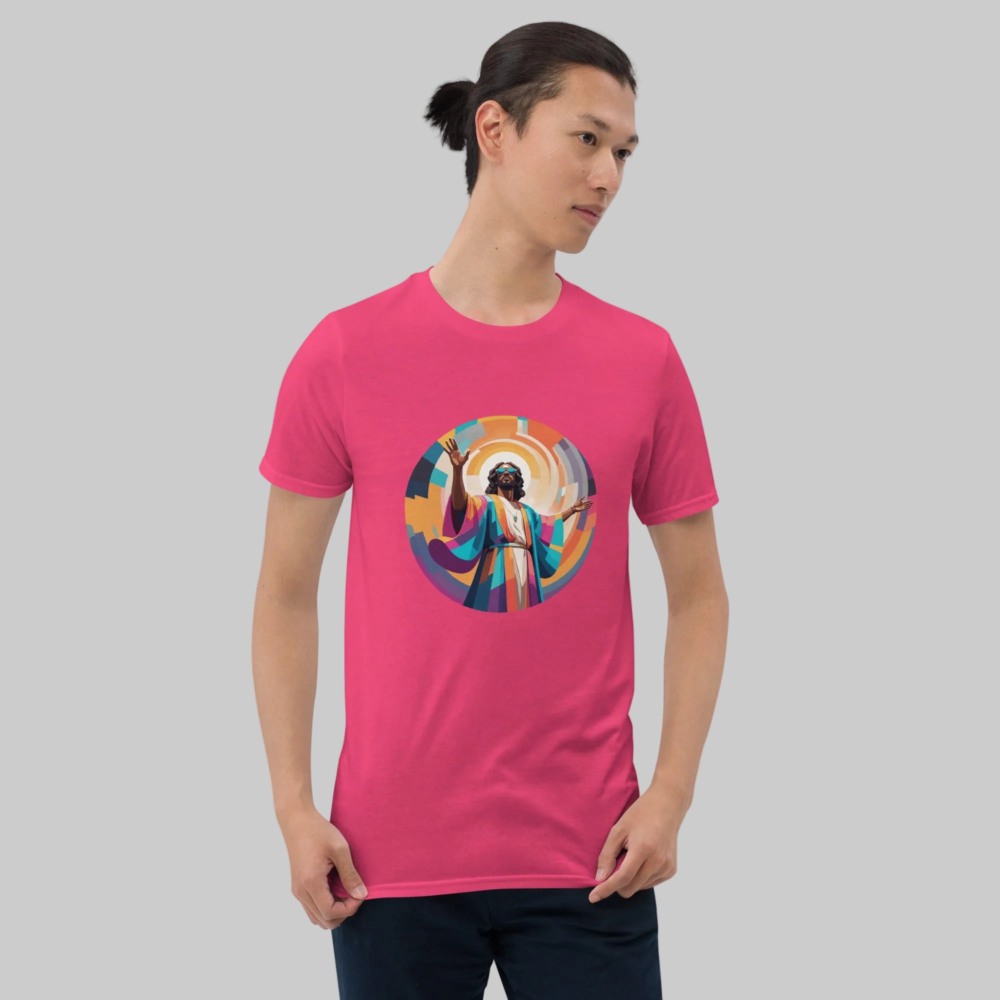 Unisex t-shirt with bold, geometric Funky Jaysus illustration on the front and “Drum & Bass is my religion” slogan on the back. A statement piece for DnB fans and streetwear lovers.