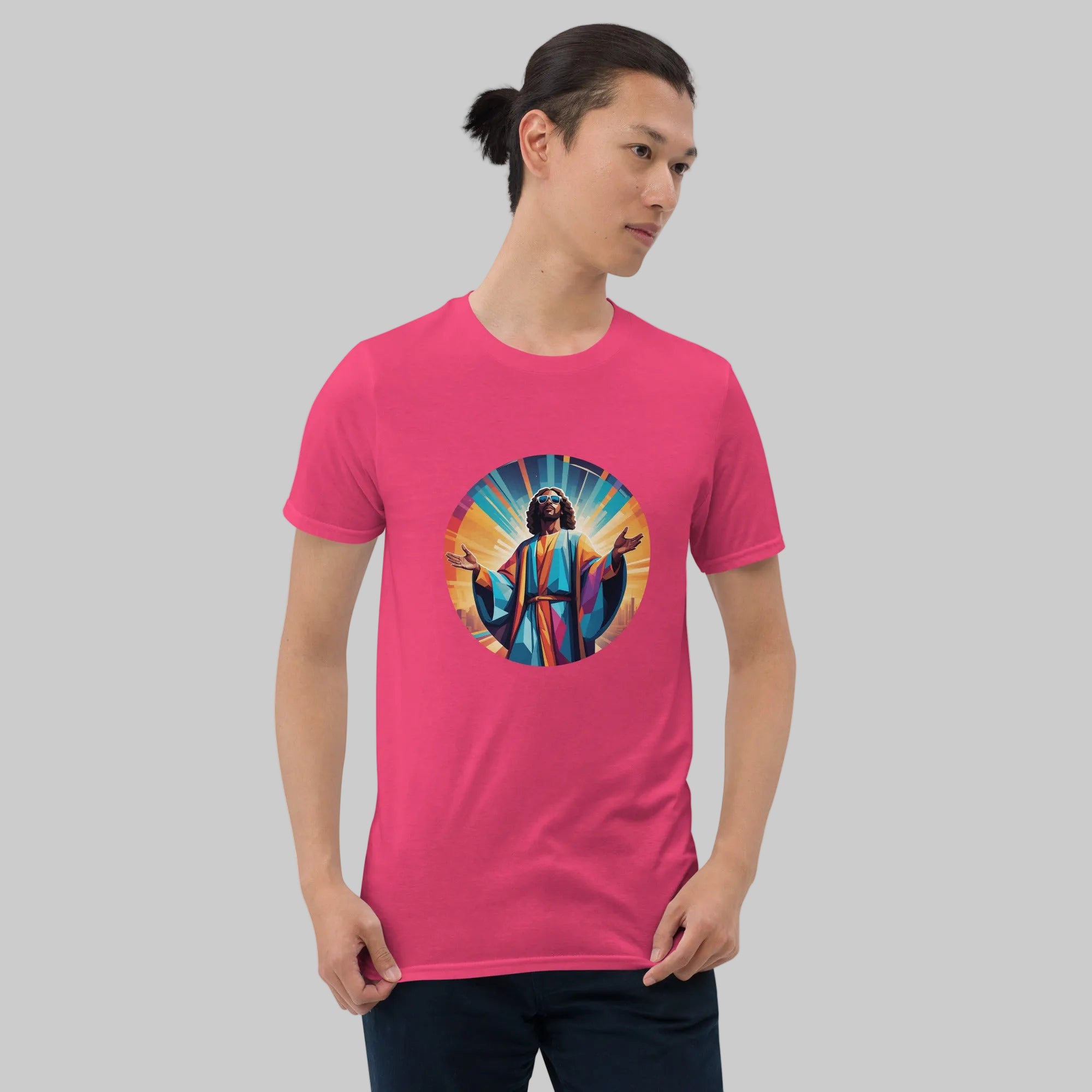 A bold "Music is My Religion" unisex t-shirt featuring a funky Jesus design in vibrant, geometric art. Made from 100% ring-spun cotton, this stylish shirt is perfect for music lovers, festival gear, and unique graphic tees that stand out.