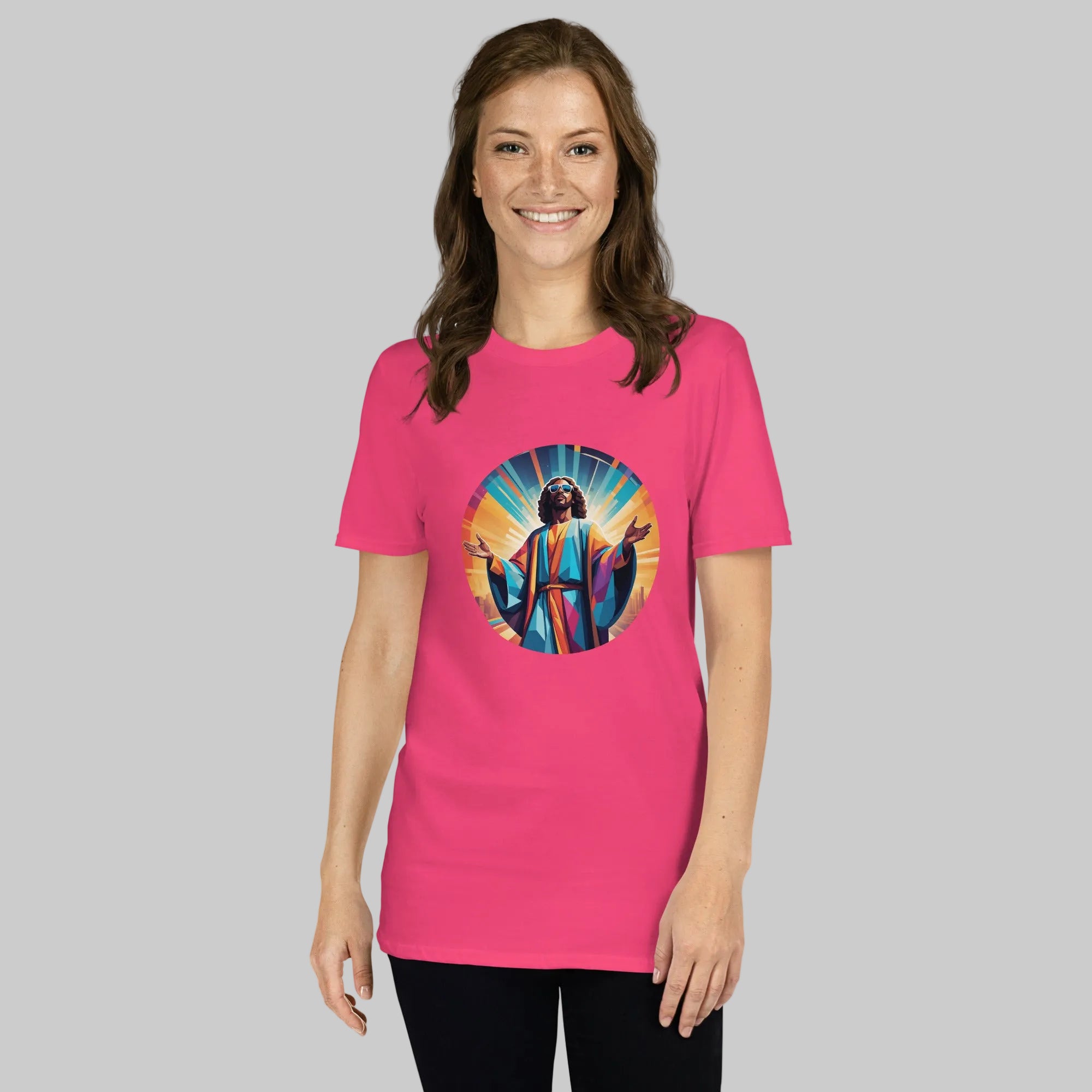 A bold "Music is My Religion" unisex t-shirt featuring a funky Jesus design in vibrant, geometric art. Made from 100% ring-spun cotton, this stylish shirt is perfect for music lovers, festival gear, and unique graphic tees that stand out.