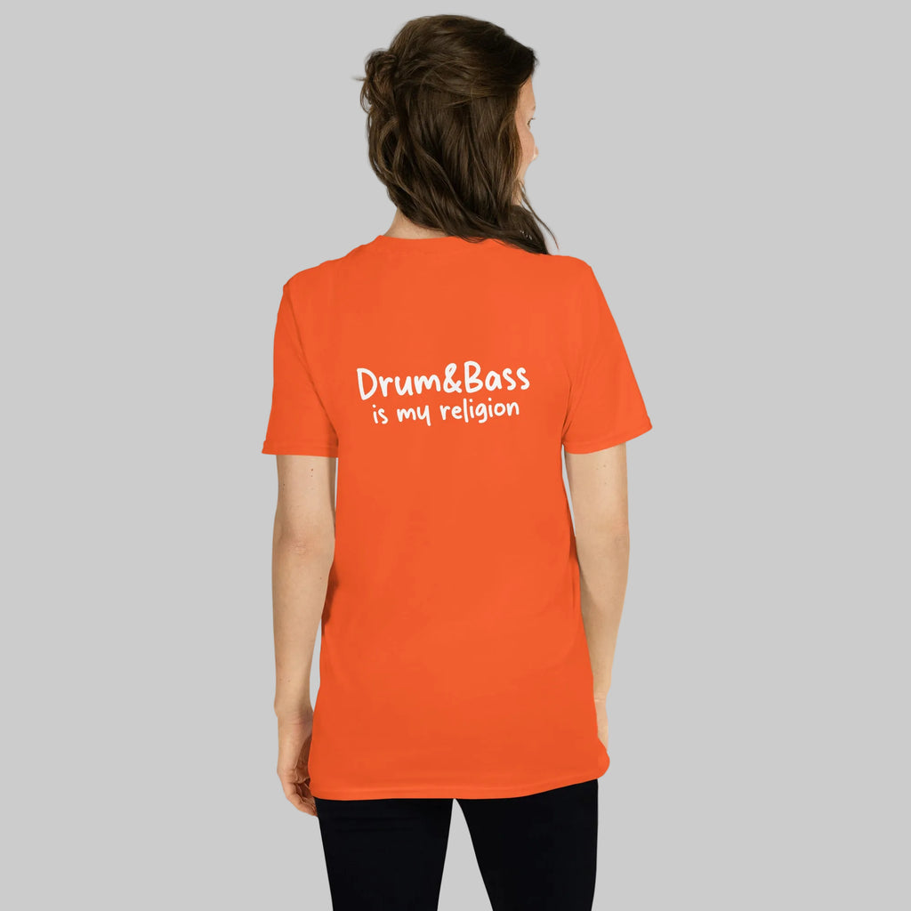 Unisex t-shirt with bold, geometric Funky Jaysus illustration on the front and “Drum & Bass is my religion” slogan on the back. A statement piece for DnB fans and streetwear lovers.