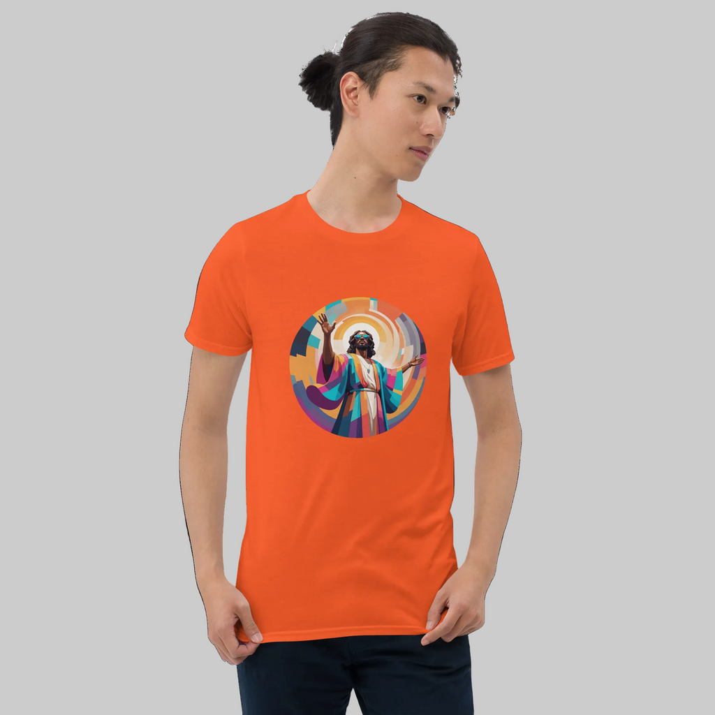 Unisex t-shirt with bold, geometric Funky Jaysus illustration on the front and “Drum & Bass is my religion” slogan on the back. A statement piece for DnB fans and streetwear lovers.