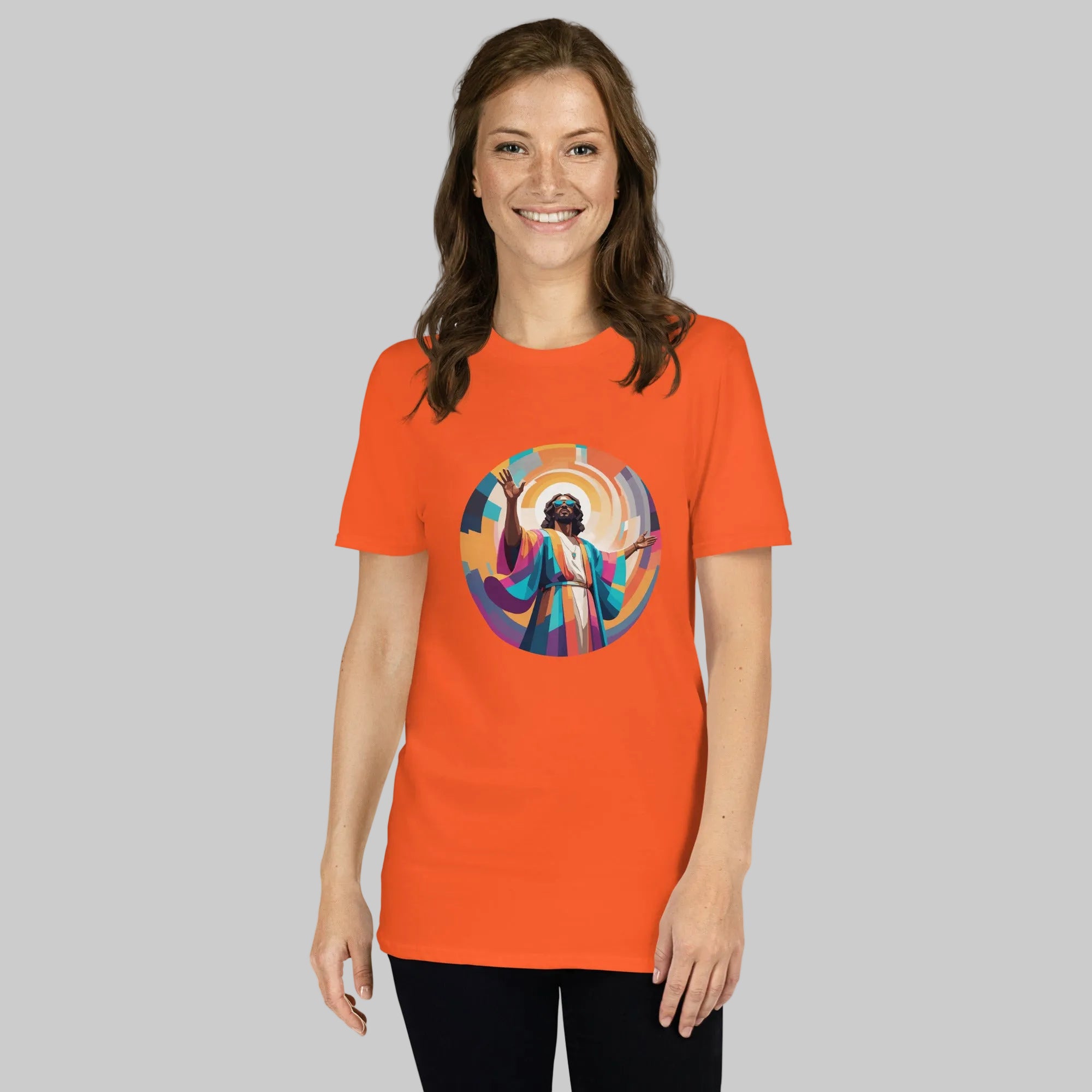 Unisex t-shirt with bold, geometric Funky Jaysus illustration on the front and “Drum & Bass is my religion” slogan on the back. A statement piece for DnB fans and streetwear lovers.