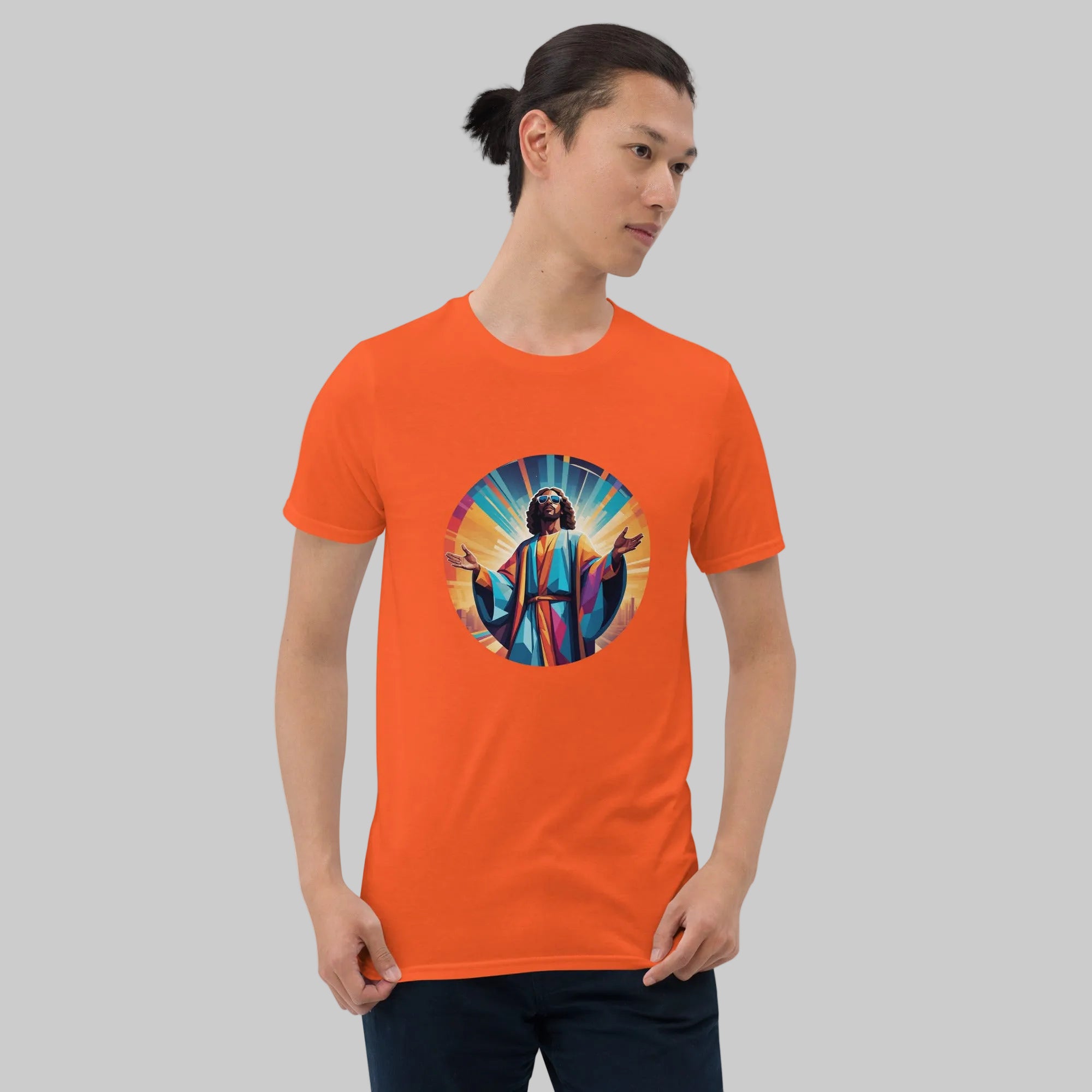 A bold "Music is My Religion" unisex t-shirt featuring a funky Jesus design in vibrant, geometric art. Made from 100% ring-spun cotton, this stylish shirt is perfect for music lovers, festival gear, and unique graphic tees that stand out.