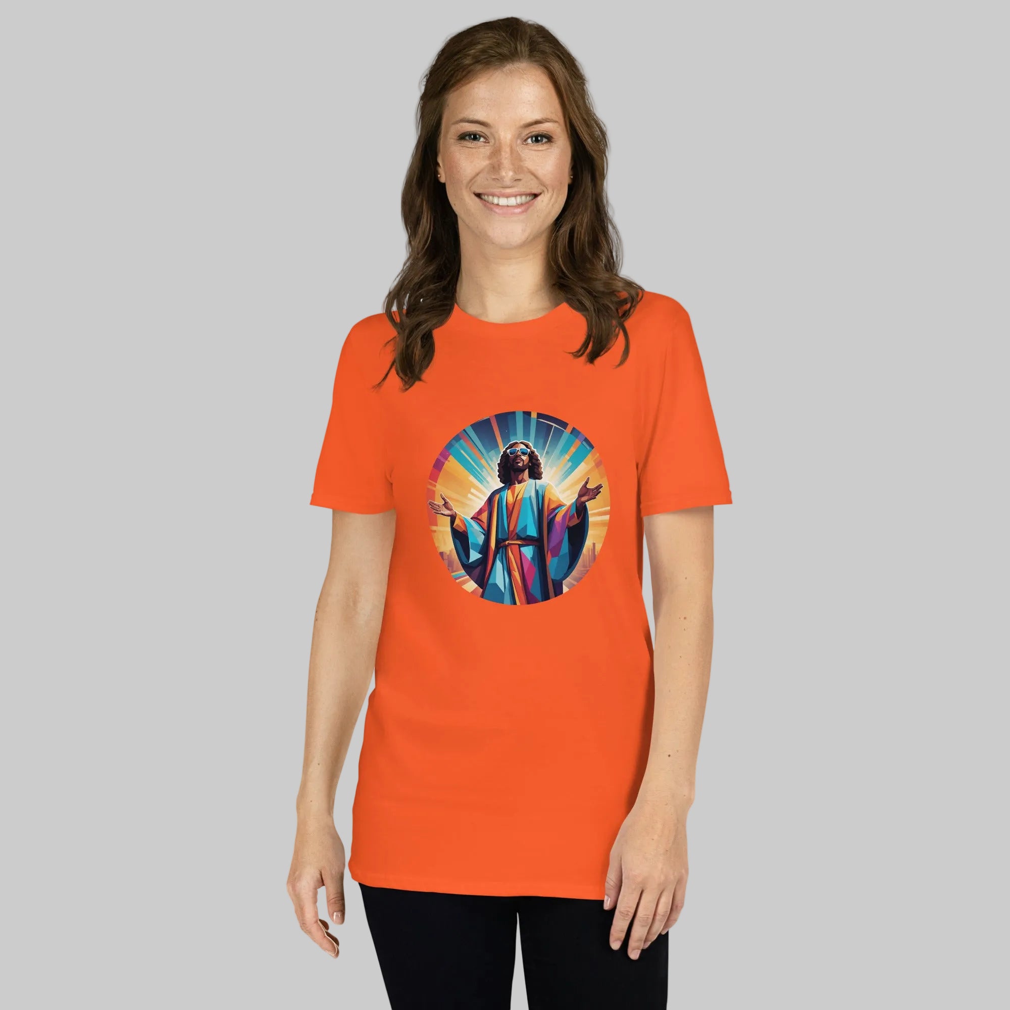 A bold "Music is My Religion" unisex t-shirt featuring a funky Jesus design in vibrant, geometric art. Made from 100% ring-spun cotton, this stylish shirt is perfect for music lovers, festival gear, and unique graphic tees that stand out.