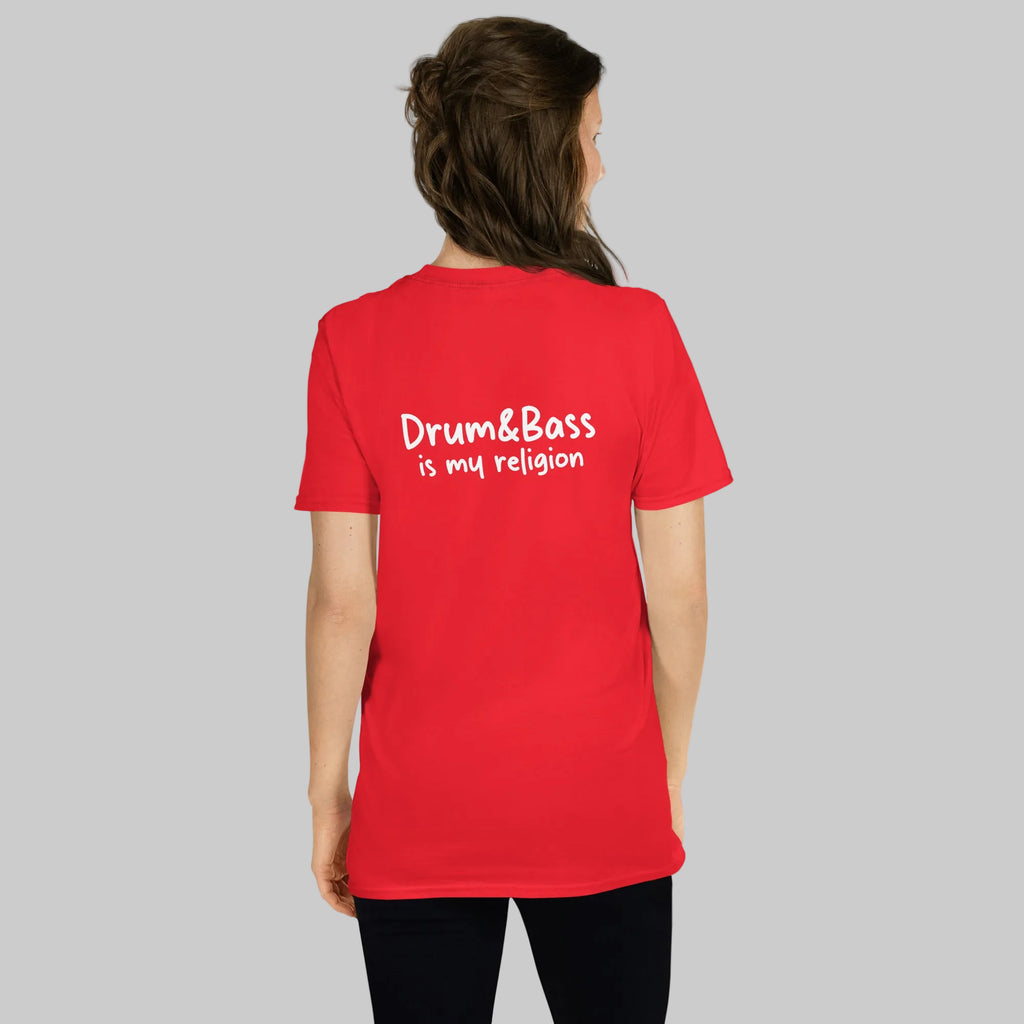 Unisex t-shirt with bold, geometric Funky Jaysus illustration on the front and “Drum & Bass is my religion” slogan on the back. A statement piece for DnB fans and streetwear lovers.