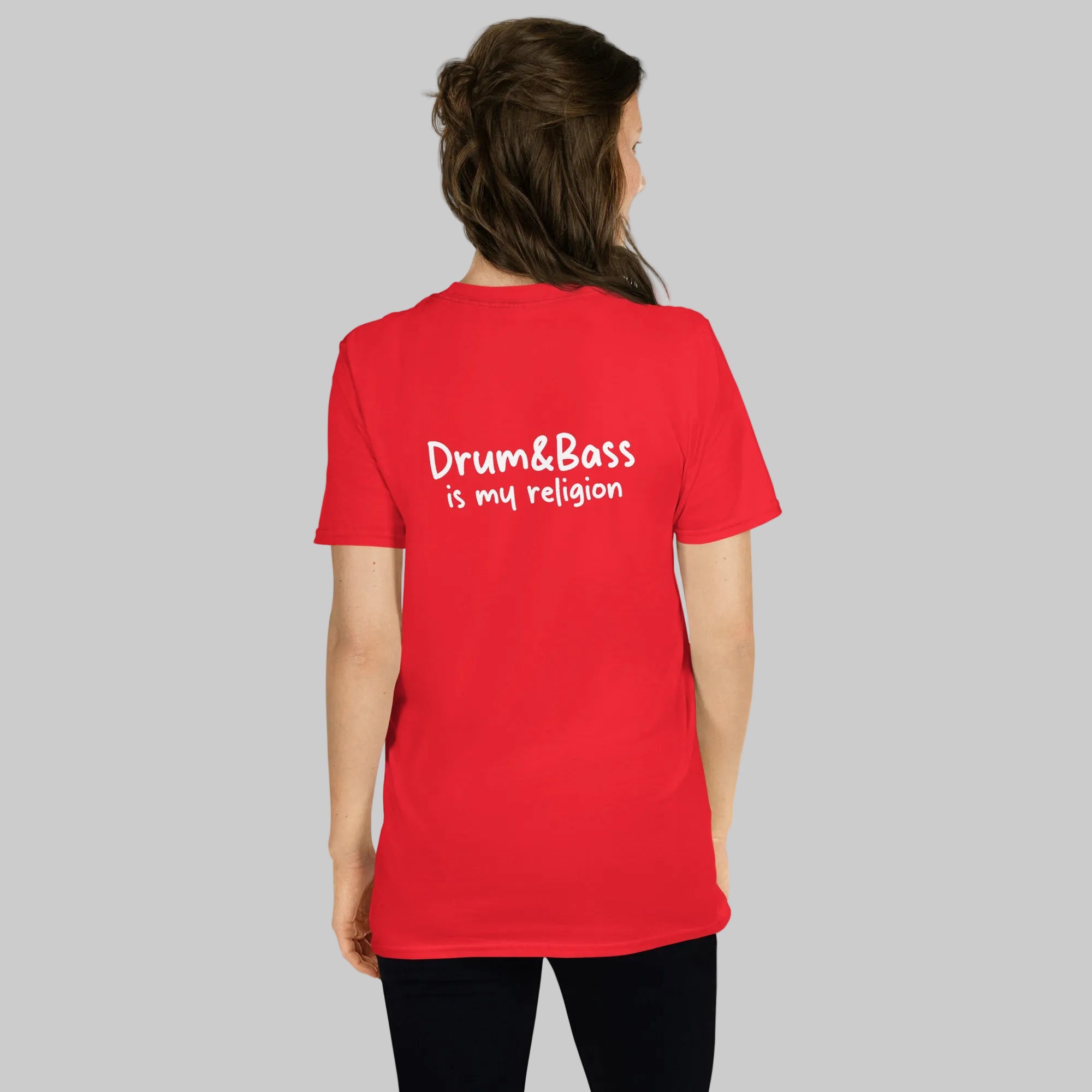 Unisex t-shirt with bold, geometric Funky Jaysus illustration on the front and “Drum & Bass is my religion” slogan on the back. A statement piece for DnB fans and streetwear lovers.