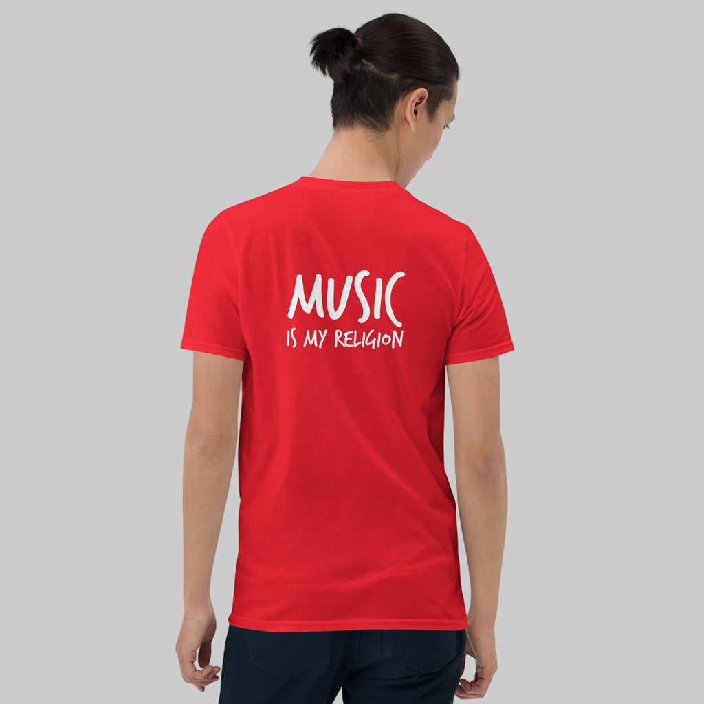 Person wearing a red t-shirt with 'MUSIC IS MY RELIGION' text on the back, standing against a white background.