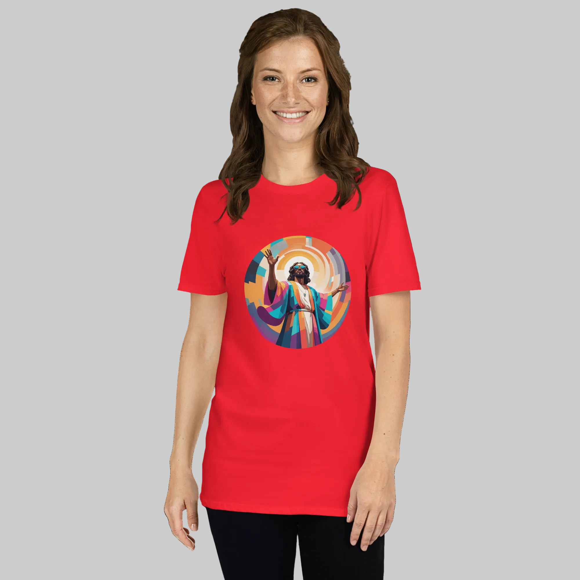 Unisex t-shirt with bold, geometric Funky Jaysus illustration on the front and “Drum & Bass is my religion” slogan on the back. A statement piece for DnB fans and streetwear lovers.