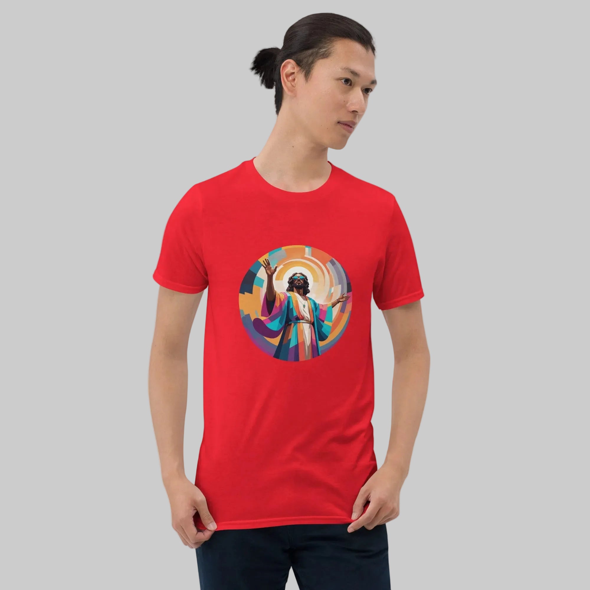 Unisex t-shirt with bold, geometric Funky Jaysus illustration on the front and “Drum & Bass is my religion” slogan on the back. A statement piece for DnB fans and streetwear lovers.