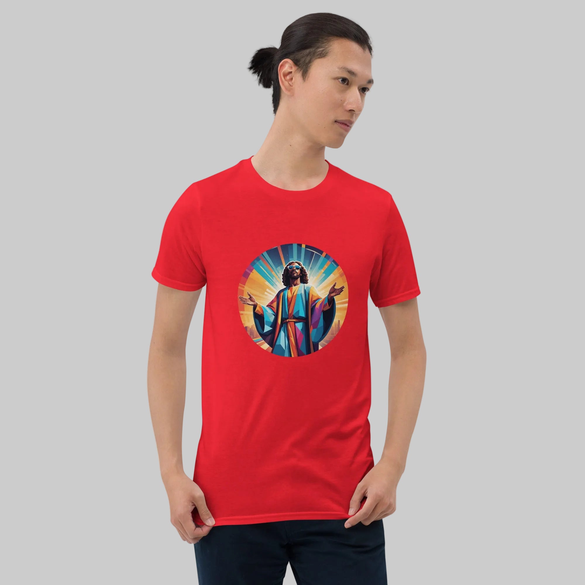 A bold "Music is My Religion" unisex t-shirt featuring a funky Jesus design in vibrant, geometric art. Made from 100% ring-spun cotton, this stylish shirt is perfect for music lovers, festival gear, and unique graphic tees that stand out.