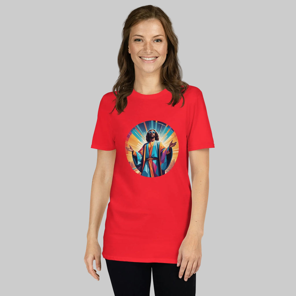 A bold "Music is My Religion" unisex t-shirt featuring a funky Jesus design in vibrant, geometric art. Made from 100% ring-spun cotton, this stylish shirt is perfect for music lovers, festival gear, and unique graphic tees that stand out.
