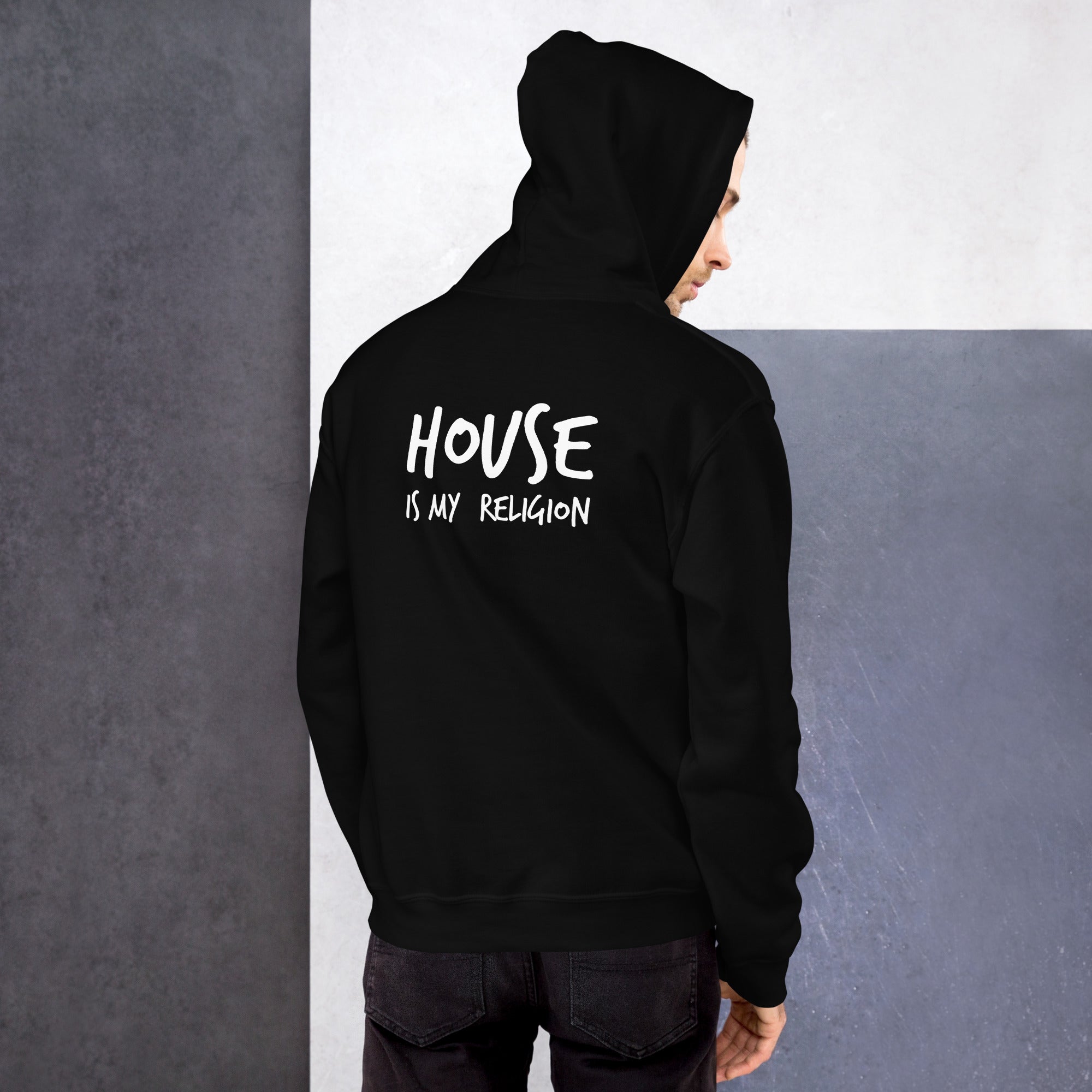 Unisex hoodie featuring a geometric portrait of Funky Jesus printed on the front and “HOUSE IS MY RELIGION” text across the upper back. DTG printed with a relaxed fit, kangaroo pocket, and double-lined hood. Ideal for music lovers, festivals, or everyday streetwear.