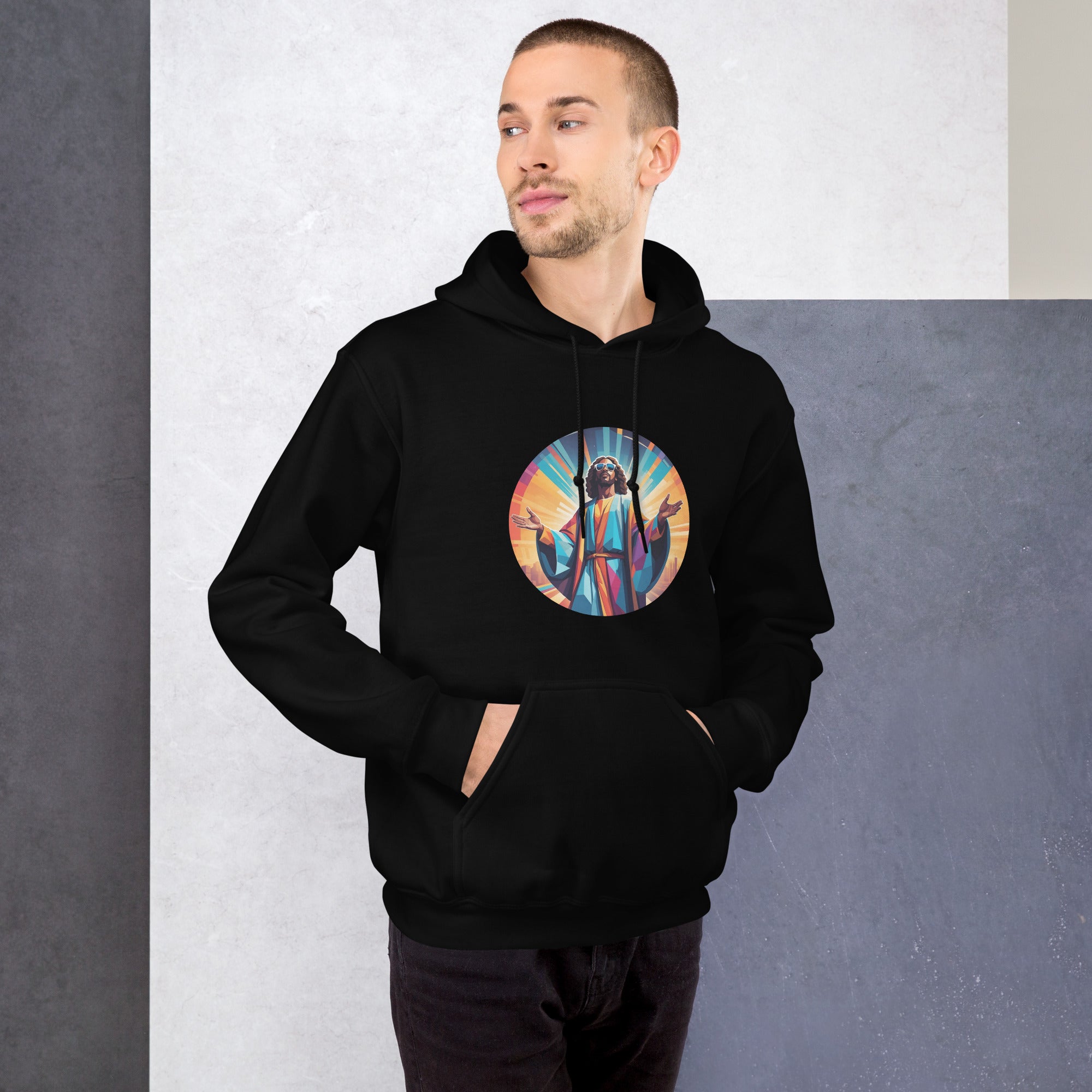 Unisex hoodie featuring a geometric portrait of Funky Jesus printed on the front and “MUSIC IS MY RELIGION” text across the upper back. DTG printed with a relaxed fit, kangaroo pocket, and double-lined hood. Ideal for music lovers, festivals, or everyday streetwear.