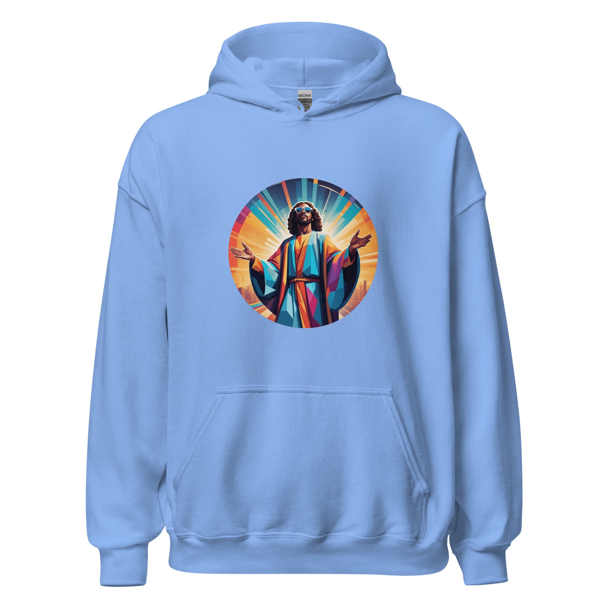 Unisex hoodie featuring a geometric portrait of Funky Jesus printed on the front and “HOUSE IS MY RELIGION” text across the upper back. DTG printed with a relaxed fit, kangaroo pocket, and double-lined hood. Ideal for music lovers, festivals, or everyday streetwear.