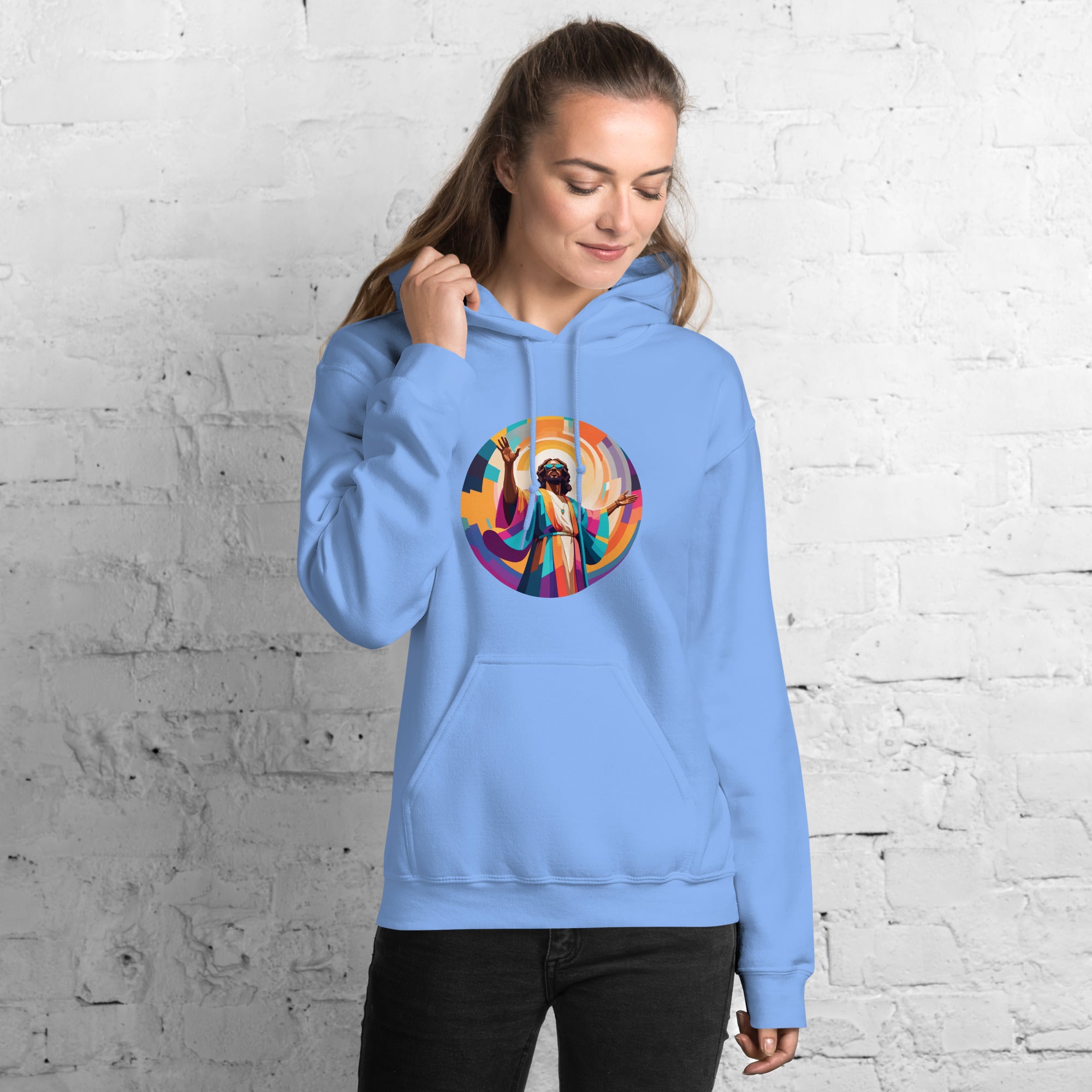 Unisex hoodie with bold, colourful geometric illustration of Funky Jaysus on front and “Drum&Bass is my religion” slogan on back. A statement streetwear piece for DnB lovers and festival culture.