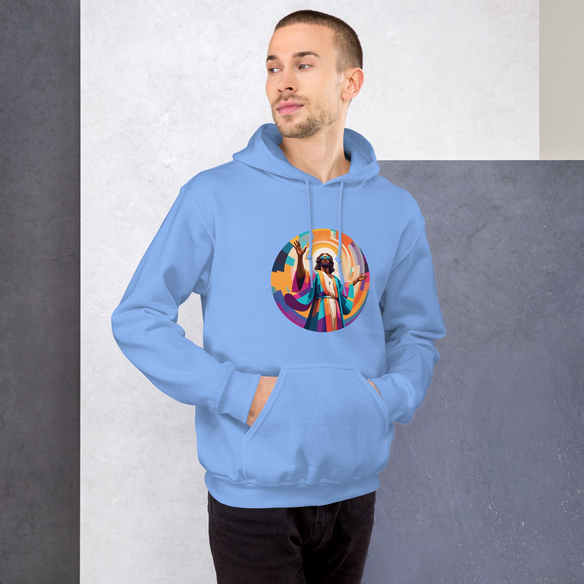 Unisex hoodie with bold, colourful geometric illustration of Funky Jaysus on front and “Drum&Bass is my religion” slogan on back. A statement streetwear piece for DnB lovers and festival culture.