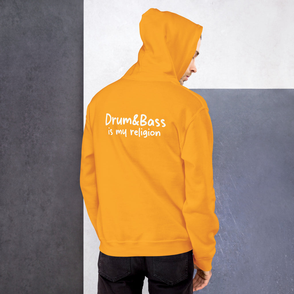 Unisex hoodie with bold, colourful geometric illustration of Funky Jaysus on front and “Drum&Bass is my religion” slogan on back. A statement streetwear piece for DnB lovers and festival culture.