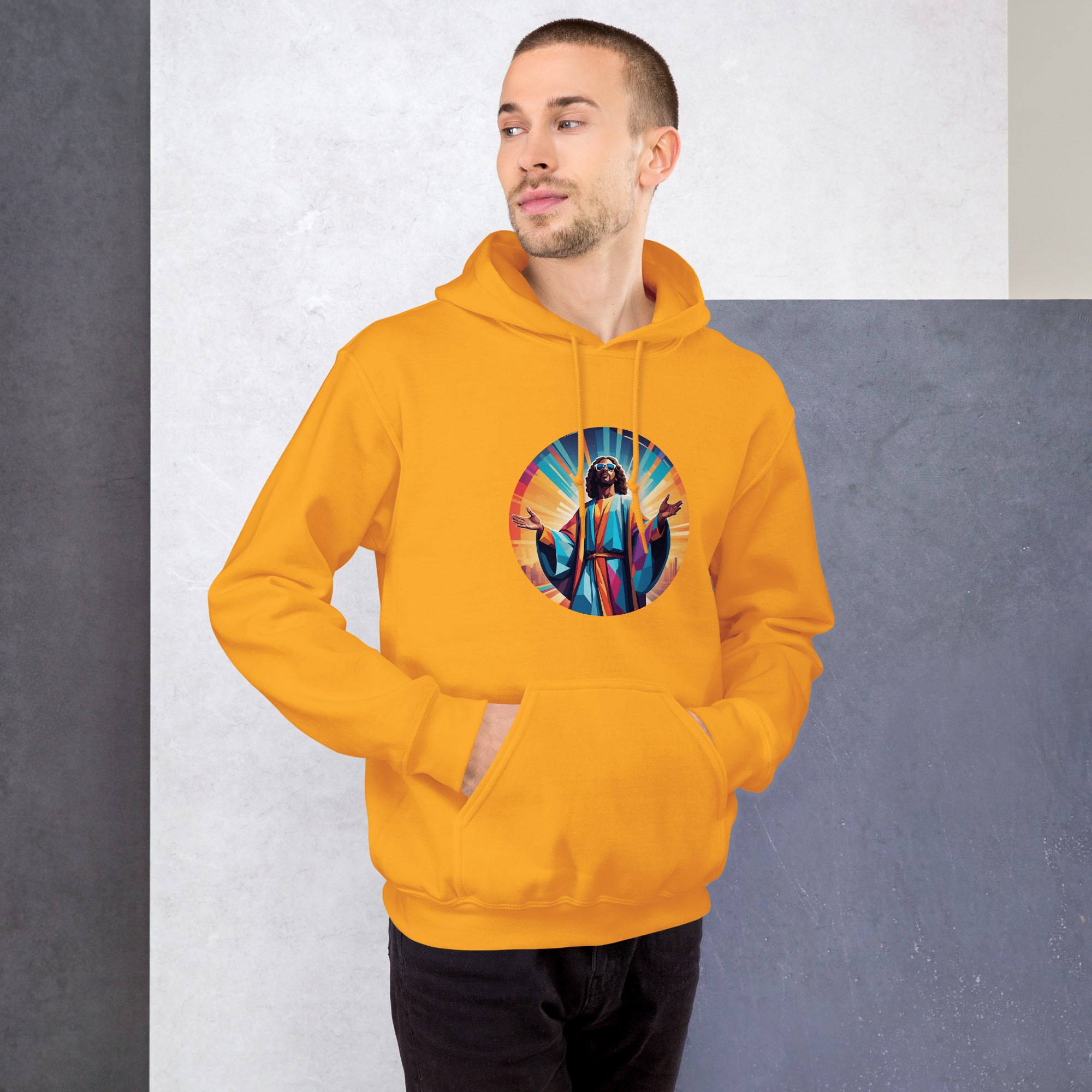 Unisex hoodie featuring a geometric portrait of Funky Jesus printed on the front and “HOUSE IS MY RELIGION” text across the upper back. DTG printed with a relaxed fit, kangaroo pocket, and double-lined hood. Ideal for music lovers, festivals, or everyday streetwear.