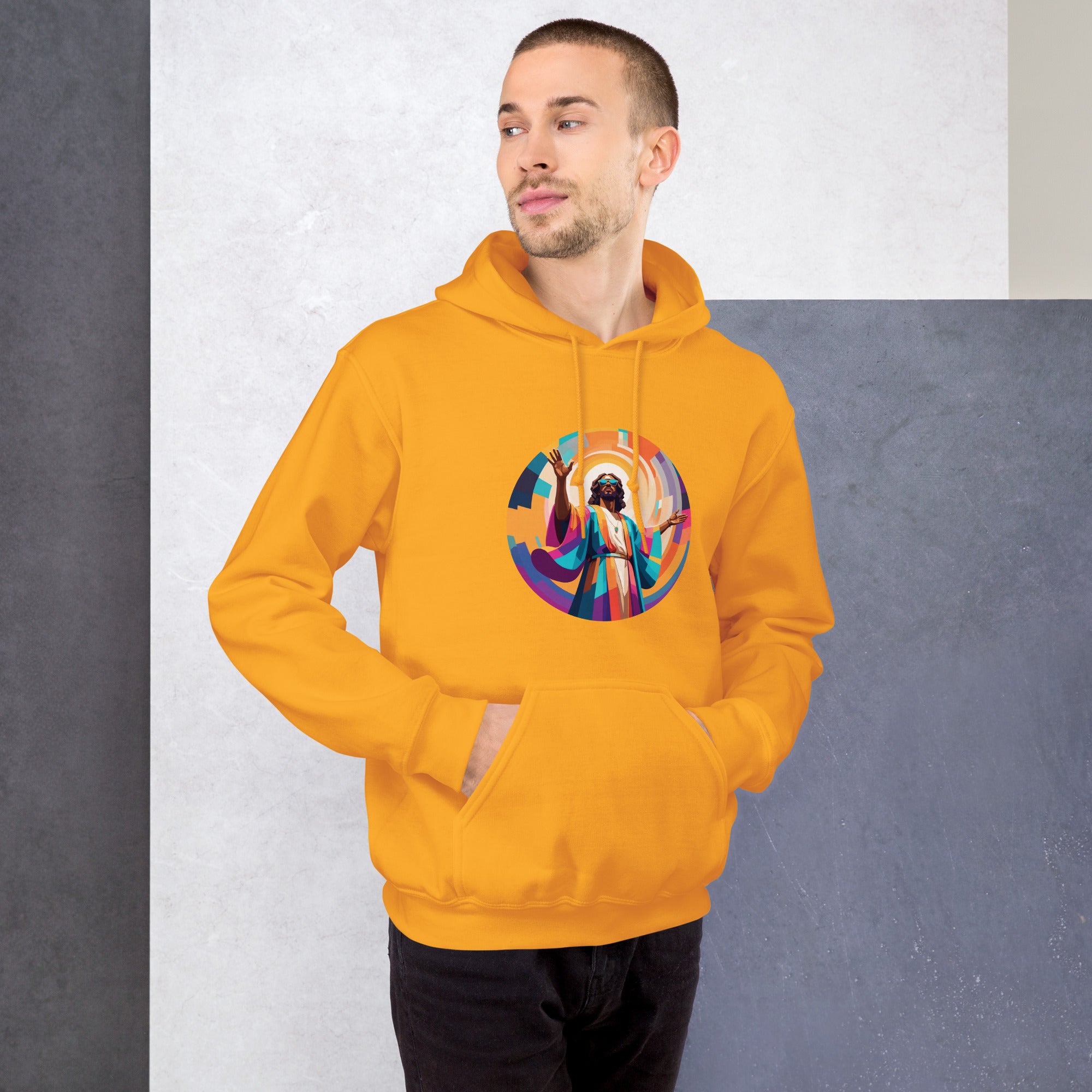 Unisex hoodie with bold, colourful geometric illustration of Funky Jaysus on front and “Drum&Bass is my religion” slogan on back. A statement streetwear piece for DnB lovers and festival culture.