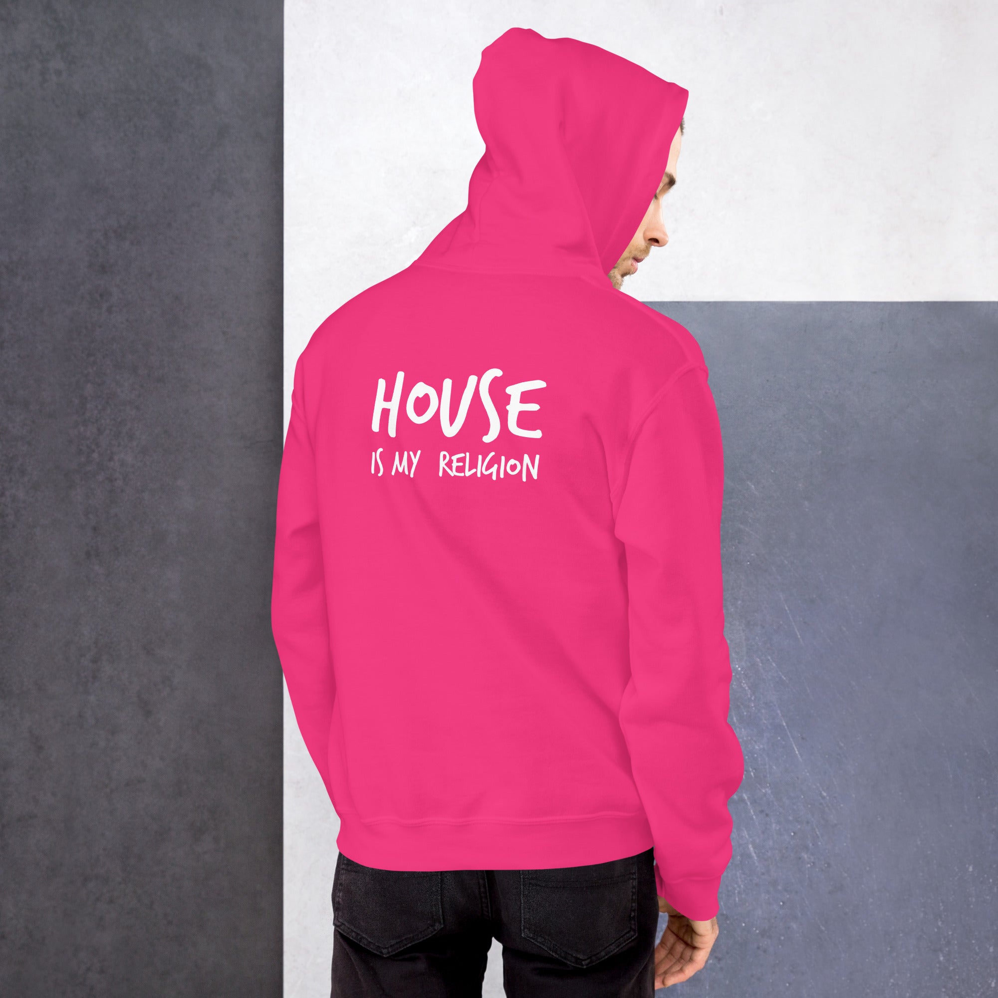 Unisex hoodie featuring a geometric portrait of Funky Jesus printed on the front and “HOUSE IS MY RELIGION” text across the upper back. DTG printed with a relaxed fit, kangaroo pocket, and double-lined hood. Ideal for music lovers, festivals, or everyday streetwear.