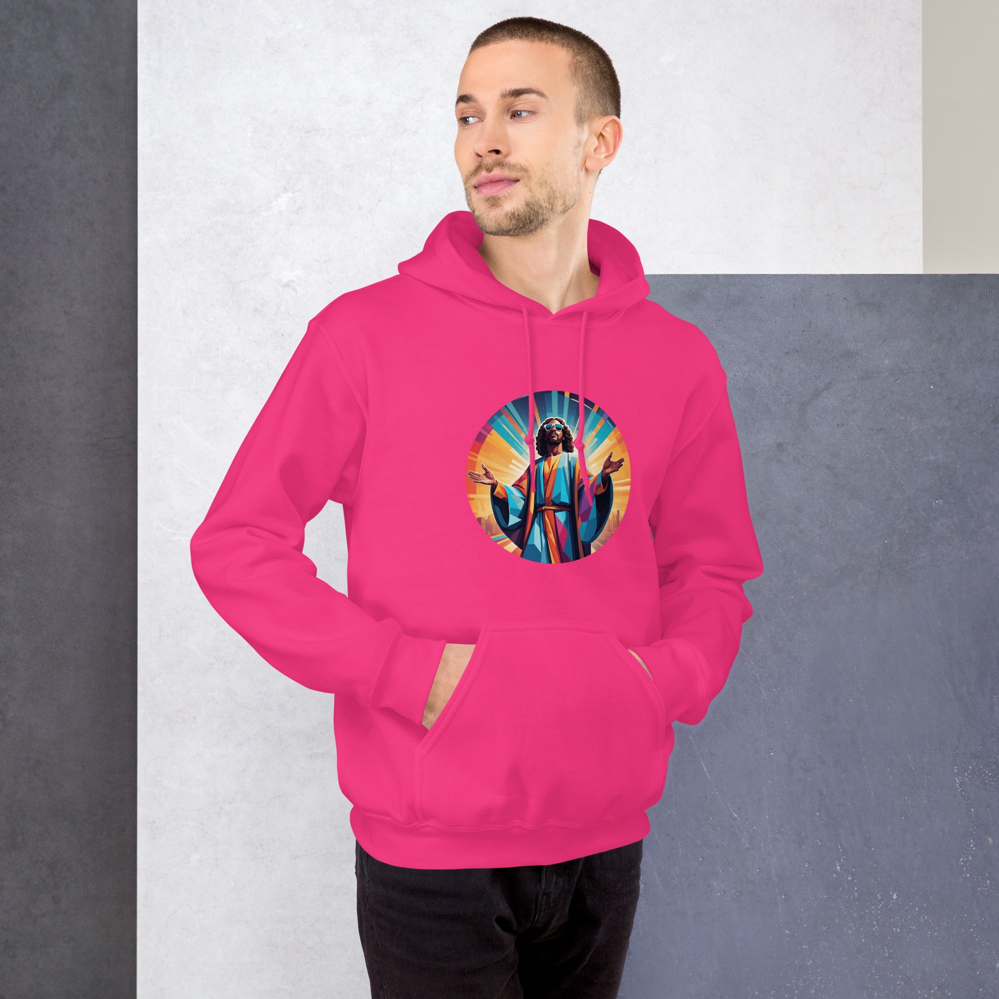 Unisex hoodie featuring a geometric portrait of Funky Jesus printed on the front and “HOUSE IS MY RELIGION” text across the upper back. DTG printed with a relaxed fit, kangaroo pocket, and double-lined hood. Ideal for music lovers, festivals, or everyday streetwear.