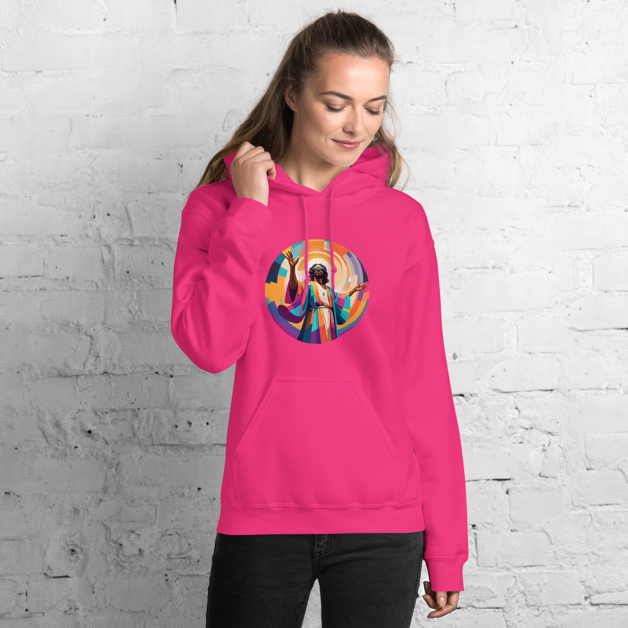Unisex hoodie with bold, colourful geometric illustration of Funky Jaysus on front and “Drum&Bass is my religion” slogan on back. A statement streetwear piece for DnB lovers and festival culture.