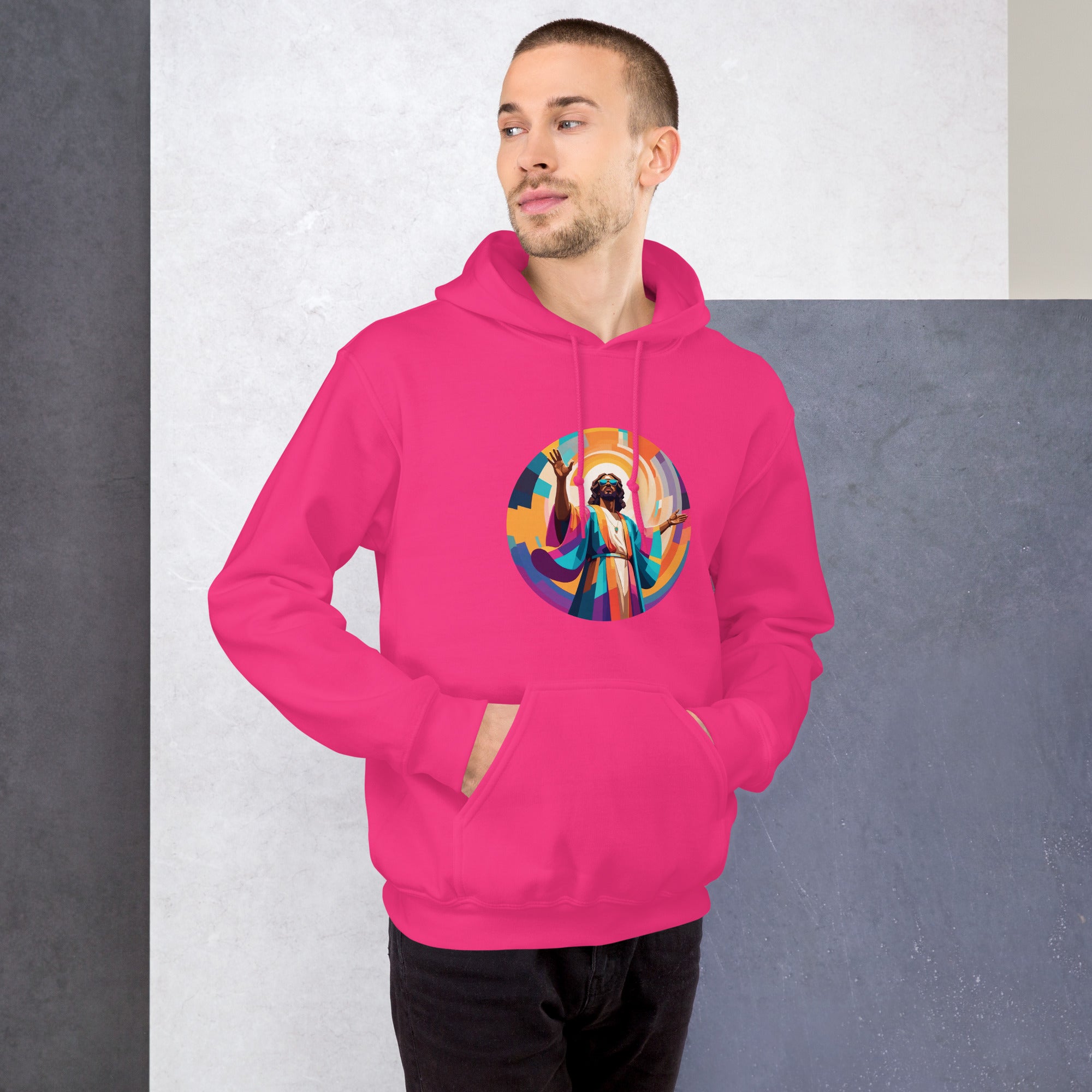 Unisex hoodie with bold, colourful geometric illustration of Funky Jaysus on front and “Drum&Bass is my religion” slogan on back. A statement streetwear piece for DnB lovers and festival culture.