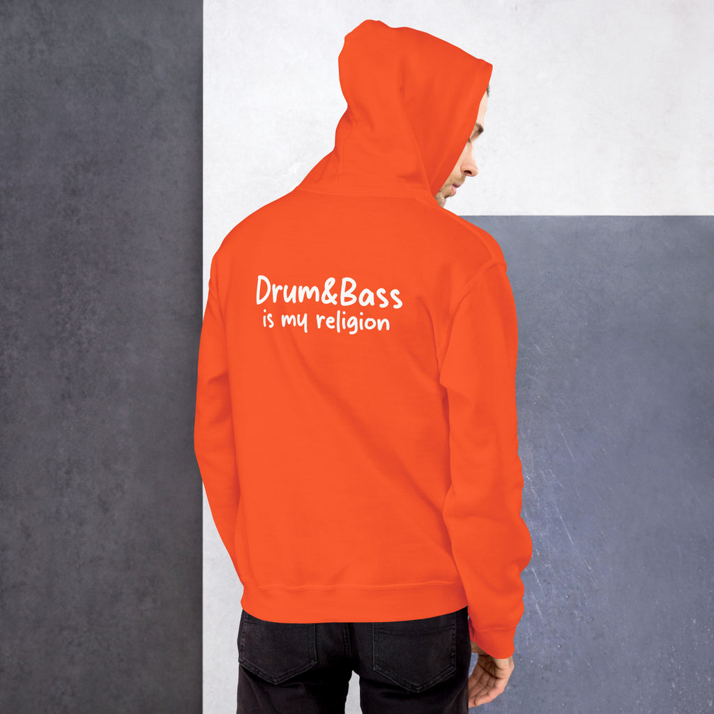 Unisex hoodie with bold, colourful geometric illustration of Funky Jaysus on front and “Drum&Bass is my religion” slogan on back. A statement streetwear piece for DnB lovers and festival culture.
