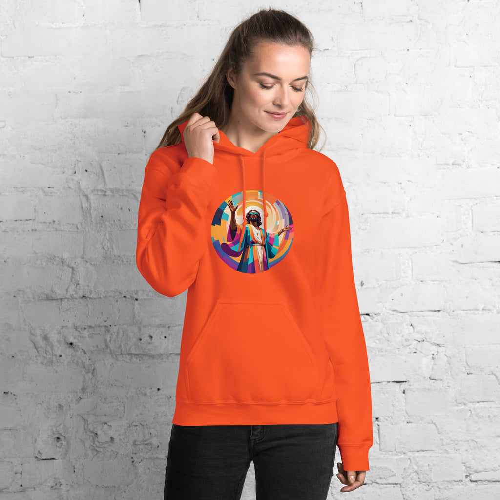 Unisex hoodie with bold, colourful geometric illustration of Funky Jaysus on front and “Drum&Bass is my religion” slogan on back. A statement streetwear piece for DnB lovers and festival culture.