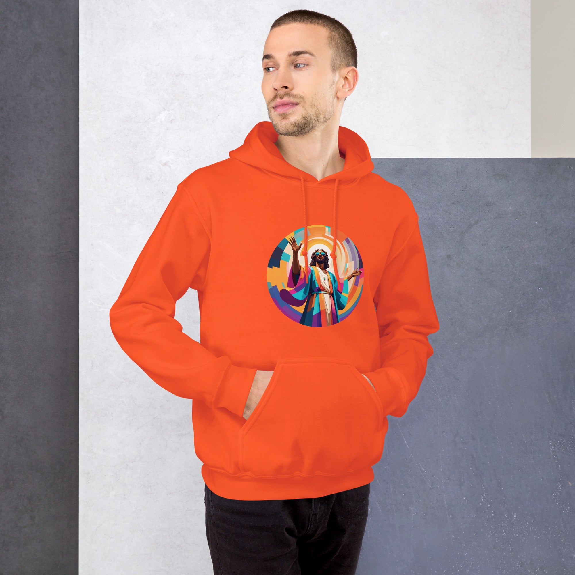 Unisex hoodie with bold, colourful geometric illustration of Funky Jaysus on front and “Drum&Bass is my religion” slogan on back. A statement streetwear piece for DnB lovers and festival culture.