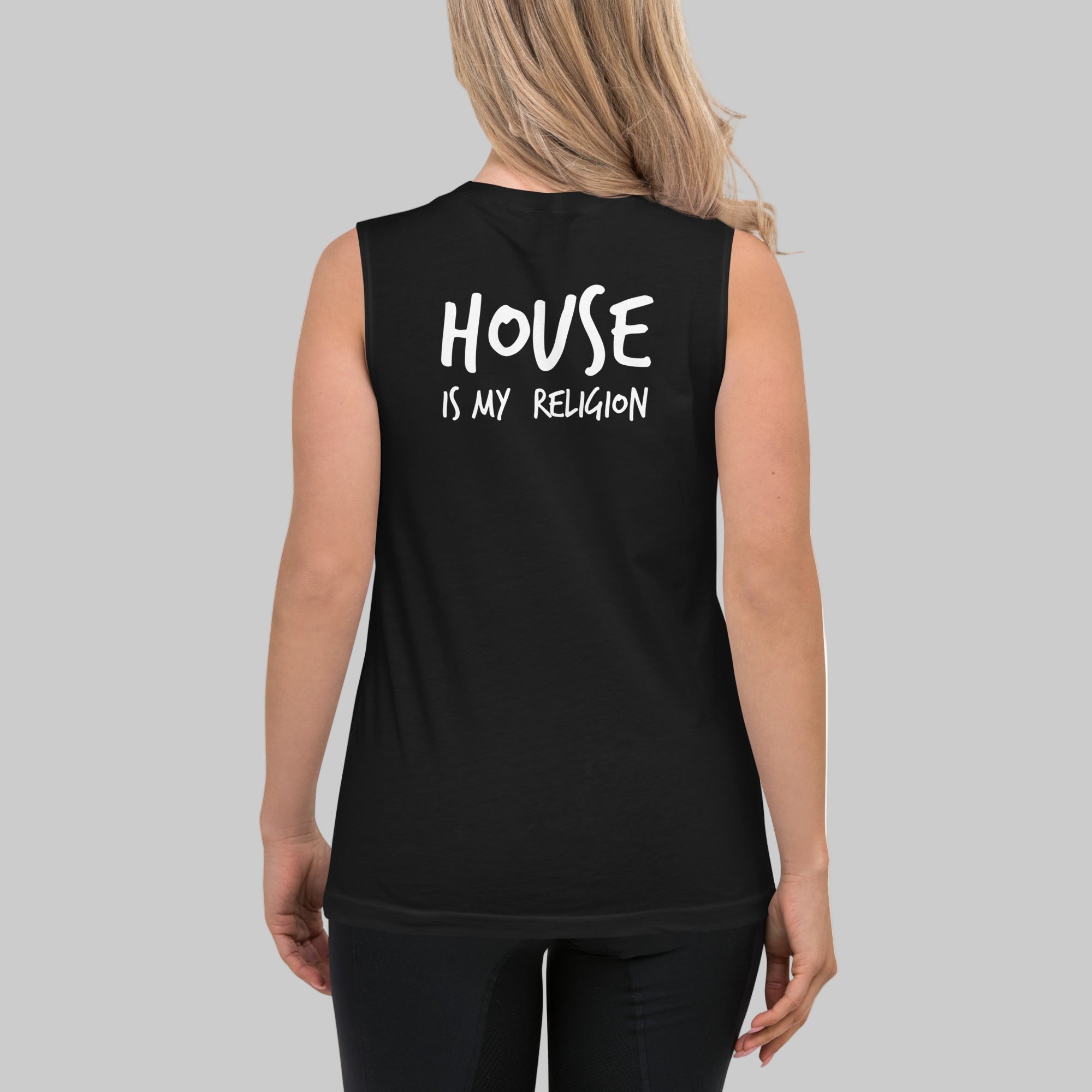 Black unisex muscle tank featuring a colourful, radiant graphic of Funky Jaysus with arms raised in a rainbow-lit robe. Relaxed fit with wide armholes, made from soft cotton. Festival-ready and music-inspired streetwear.