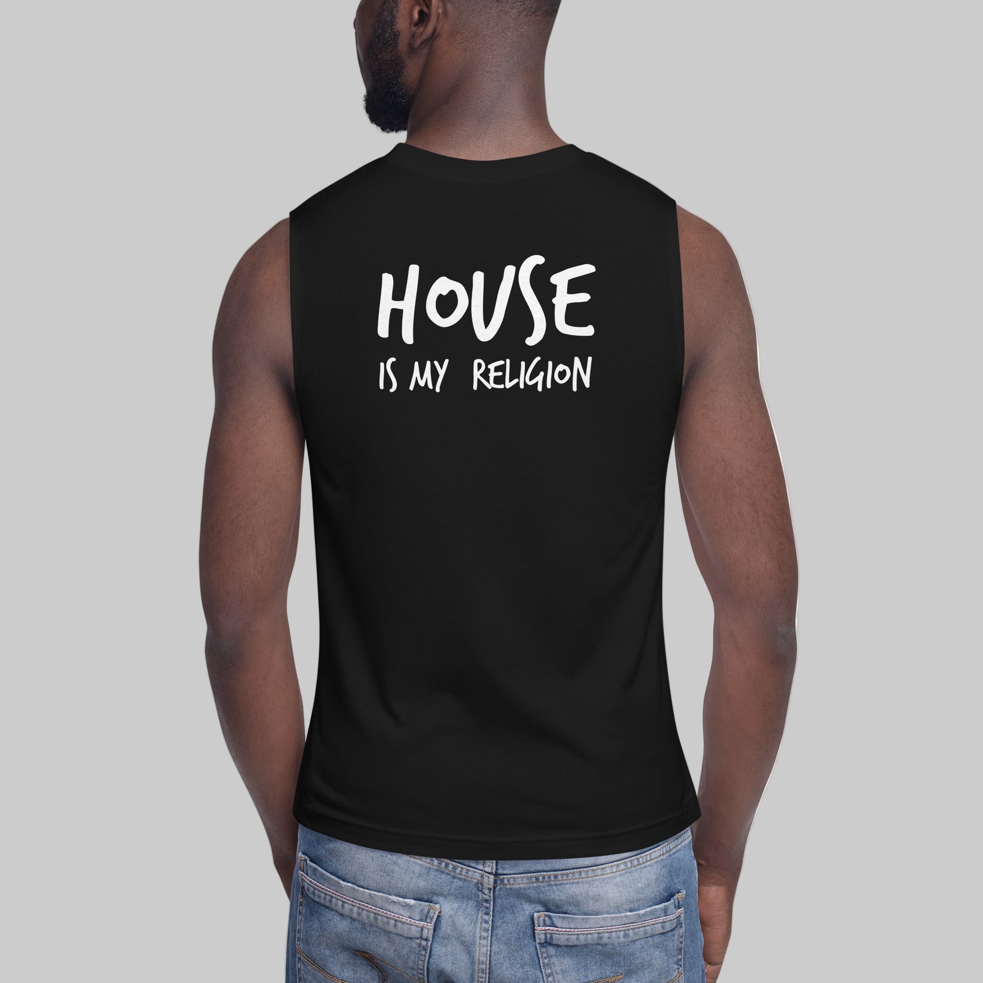 Black unisex muscle tank featuring a colourful, radiant graphic of Funky Jaysus with arms raised in a rainbow-lit robe. Relaxed fit with wide armholes, made from soft cotton. Festival-ready and music-inspired streetwear.