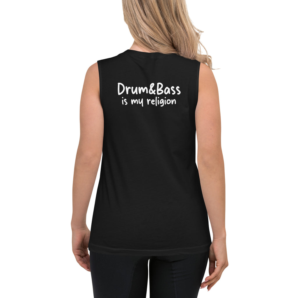 Unisex muscle top with bold geometric Funky Jaysus illustration on the front and “Drum & Bass is my religion” slogan on the back. Lightweight sleeveless streetwear top for DnB fans and festival wear.