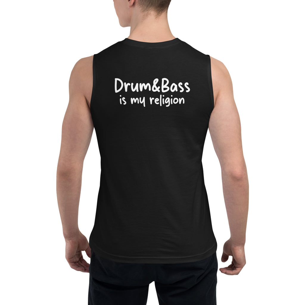 Unisex muscle top with bold geometric Funky Jaysus illustration on the front and “Drum & Bass is my religion” slogan on the back. Lightweight sleeveless streetwear top for DnB fans and festival wear.
