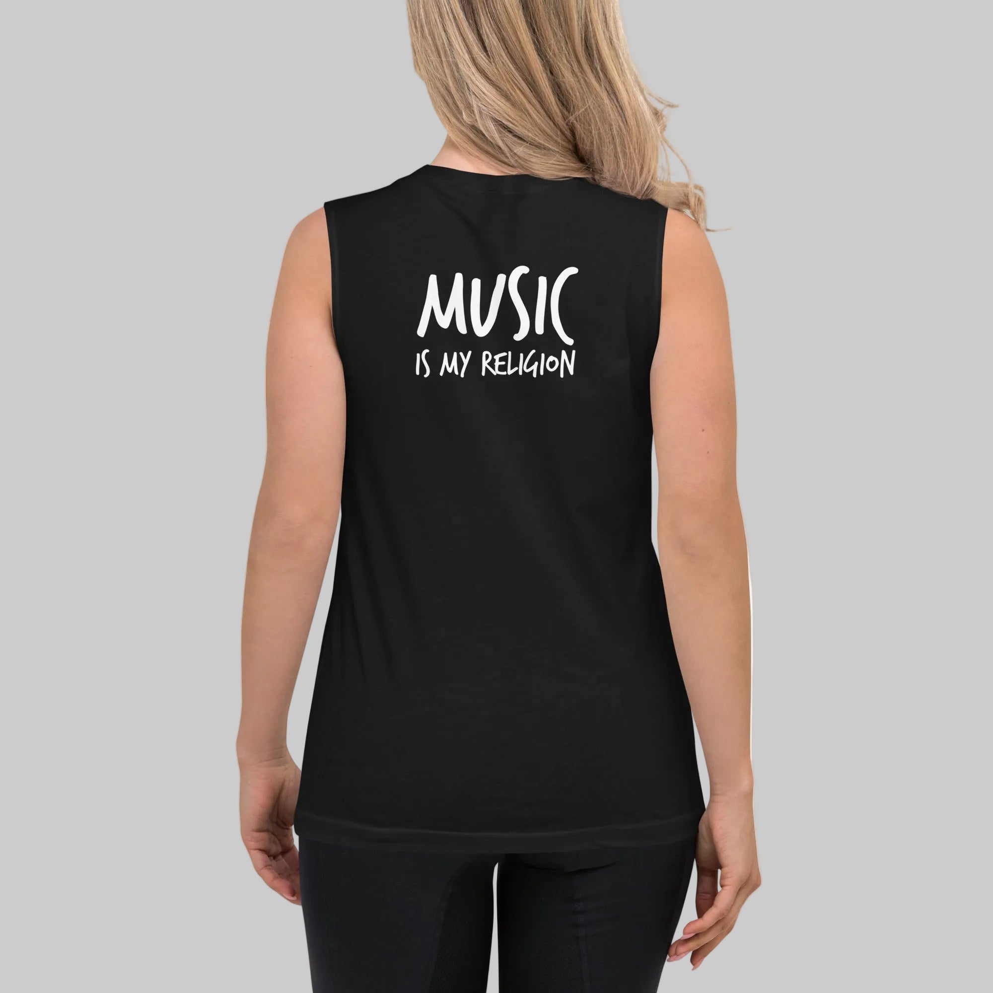 Black unisex muscle tank featuring a colourful, radiant graphic of Funky Jaysus with arms raised in a rainbow-lit robe. Relaxed fit with wide armholes, made from soft cotton. Festival-ready and music-inspired streetwear.