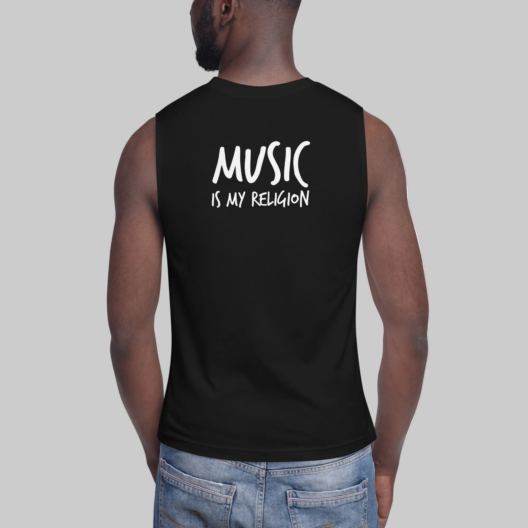 Black unisex muscle tank featuring a colourful, radiant graphic of Funky Jaysus with arms raised in a rainbow-lit robe. Relaxed fit with wide armholes, made from soft cotton. Festival-ready and music-inspired streetwear.