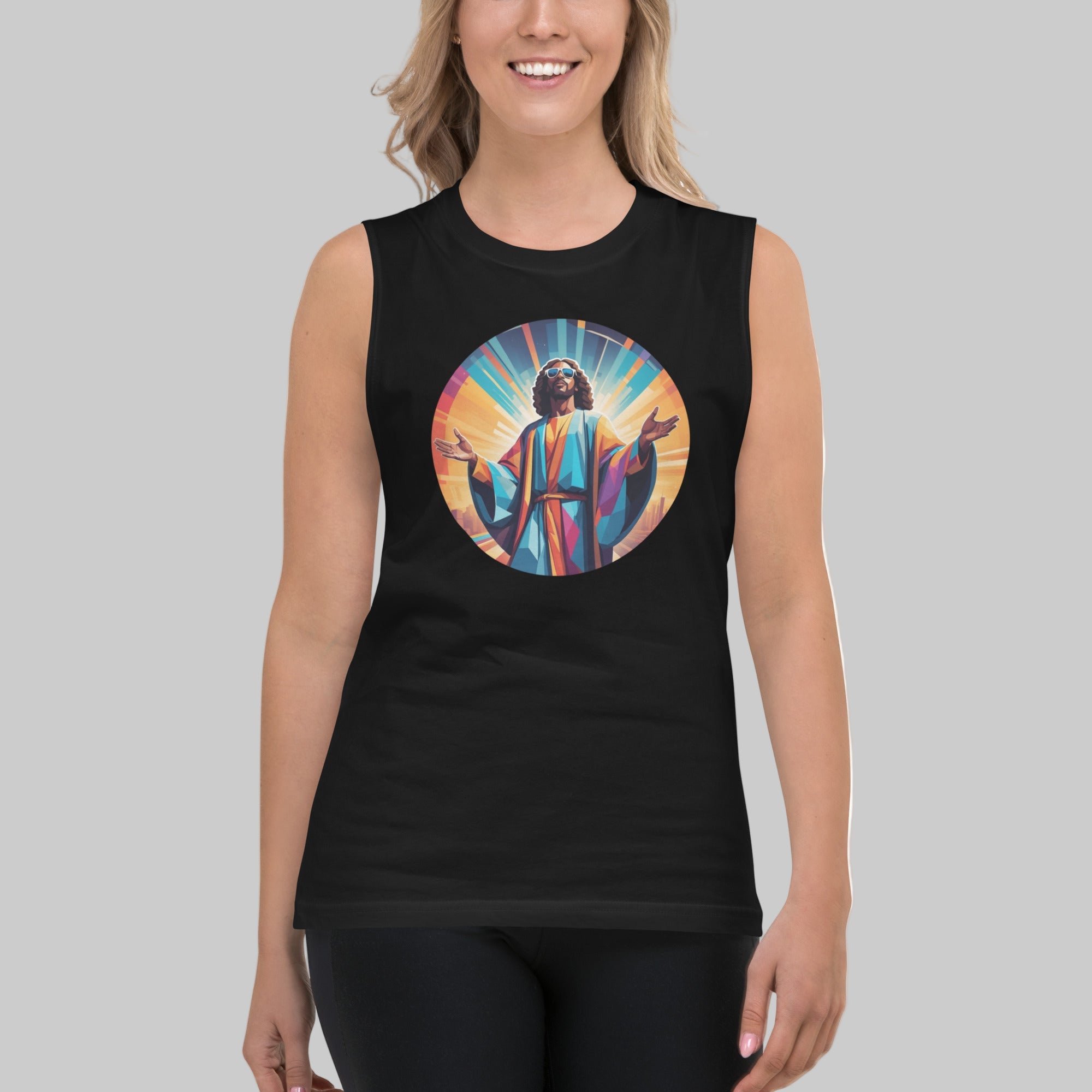 Black unisex muscle tank featuring a colourful, radiant graphic of Funky Jaysus with arms raised in a rainbow-lit robe. Relaxed fit with wide armholes, made from soft cotton. Festival-ready and music-inspired streetwear.
