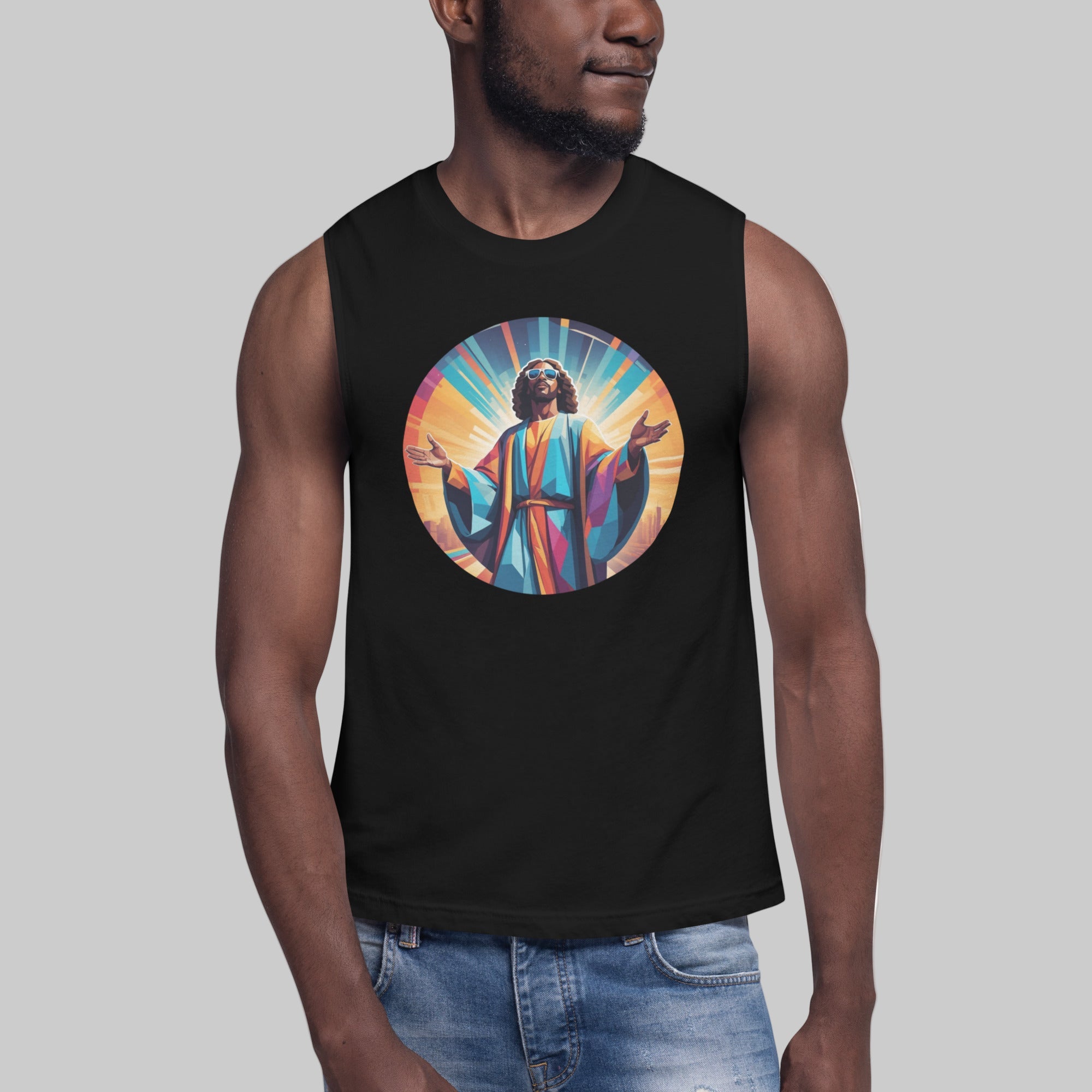 Black unisex muscle tank featuring a colourful, radiant graphic of Funky Jaysus with arms raised in a rainbow-lit robe. Relaxed fit with wide armholes, made from soft cotton. Festival-ready and music-inspired streetwear.